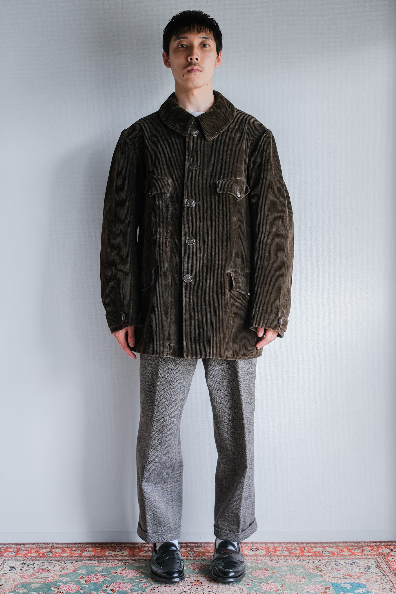 【~40's】French Vintage Brown Corduroy Hunting Jacket "Black Moleskin Lining"