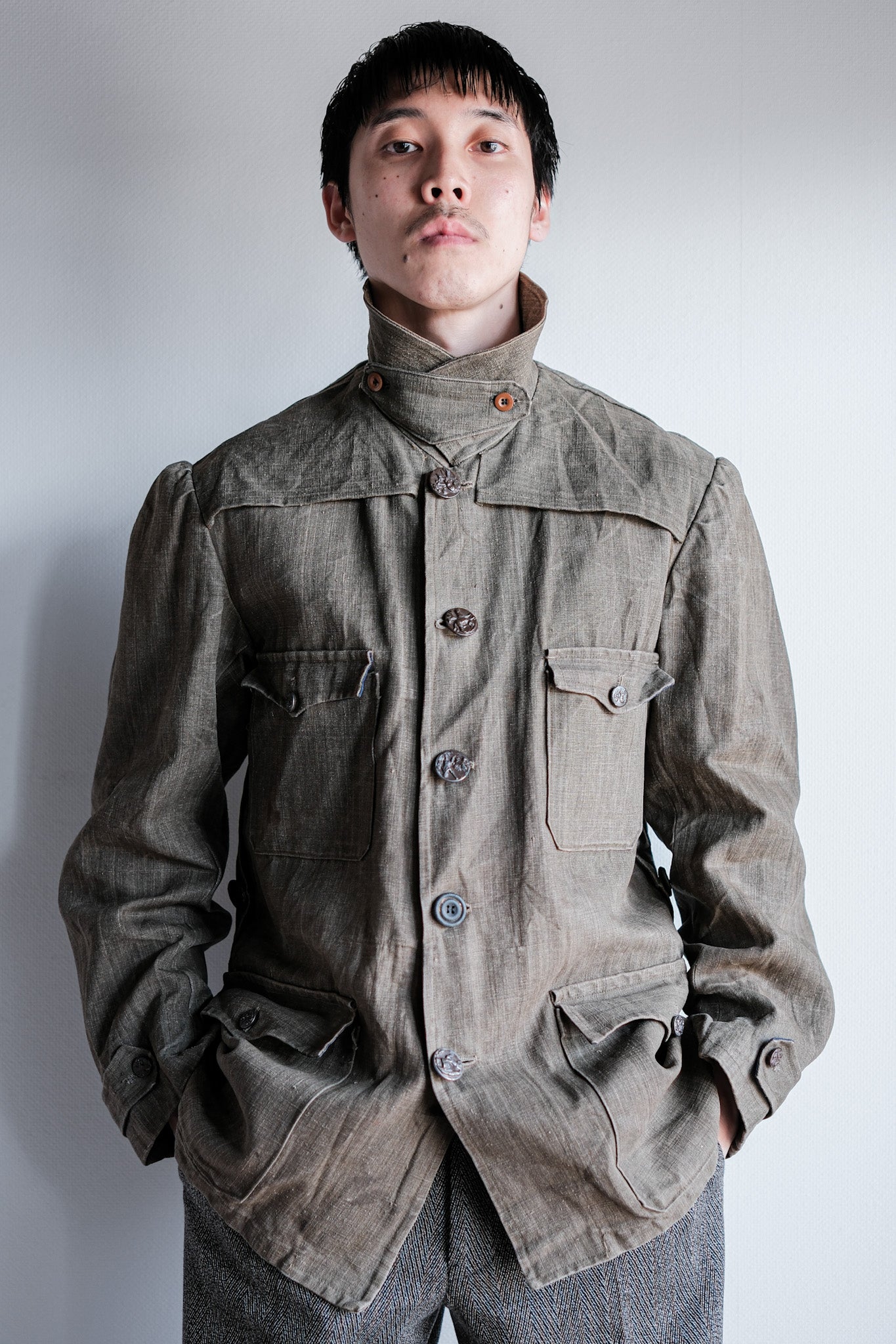 ［~20's］French Vintage Linen Canvas Hunting Jacket With Chin Strap