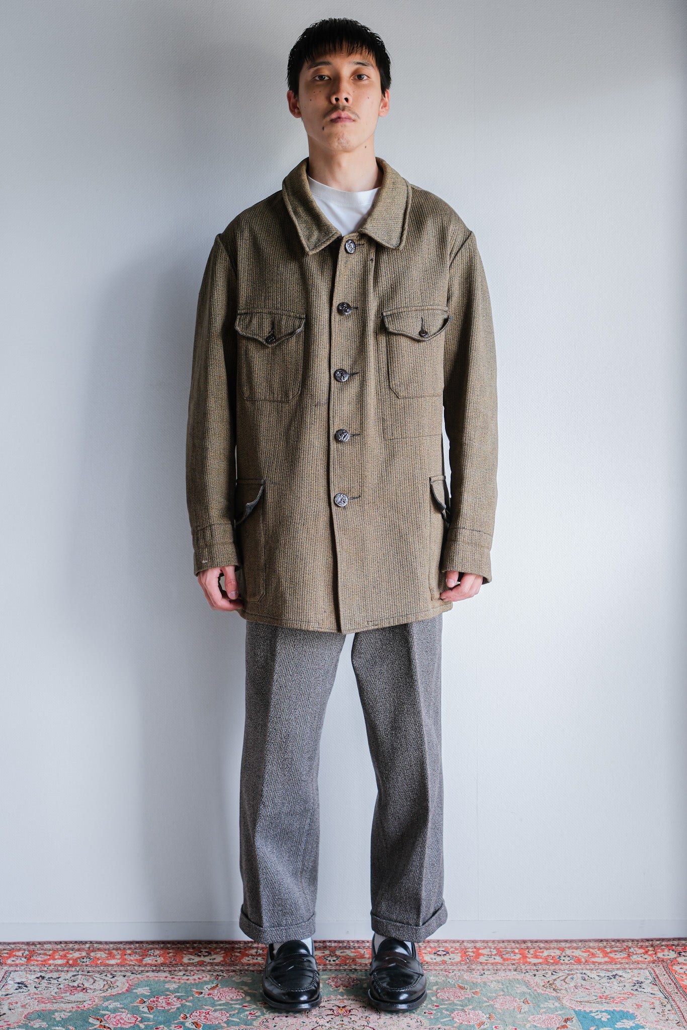 ［~60's］French Vintage Brown Salt & Pepper Cotton Pique Hunting Jacket With Chin Strap