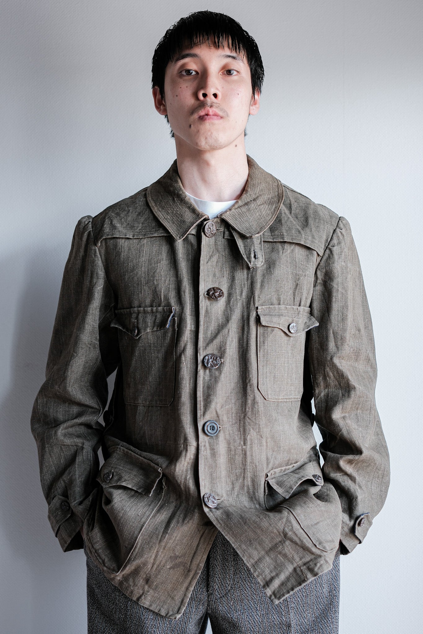 ［~20's］French Vintage Linen Canvas Hunting Jacket With Chin Strap