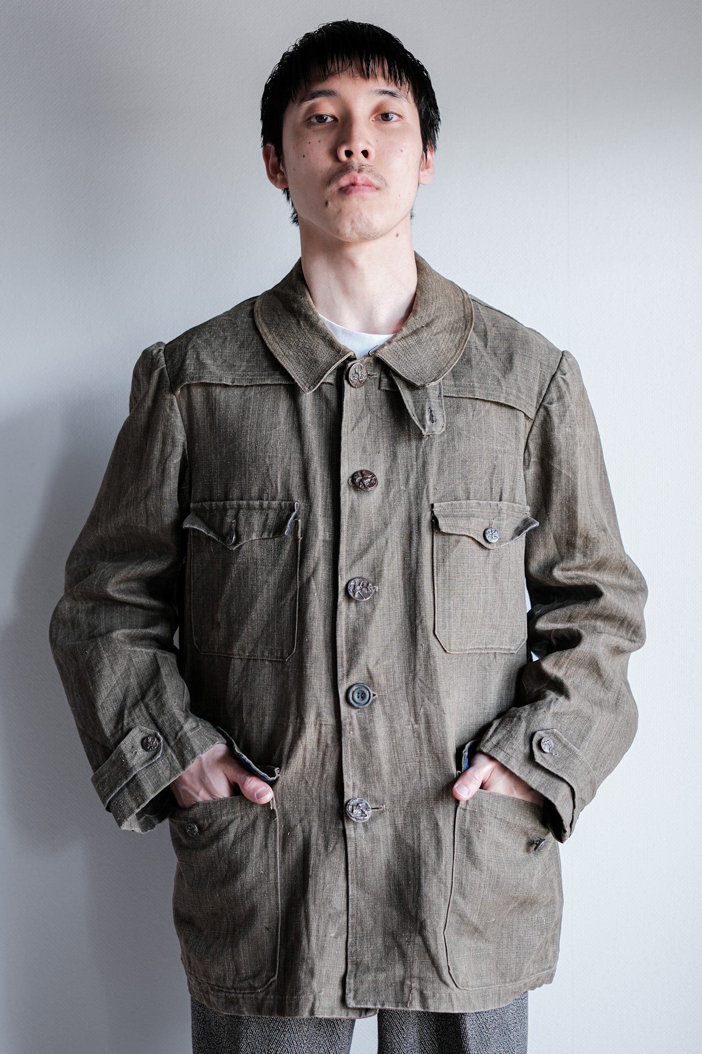 ［~20's］French Vintage Linen Canvas Hunting Jacket With Chin Strap