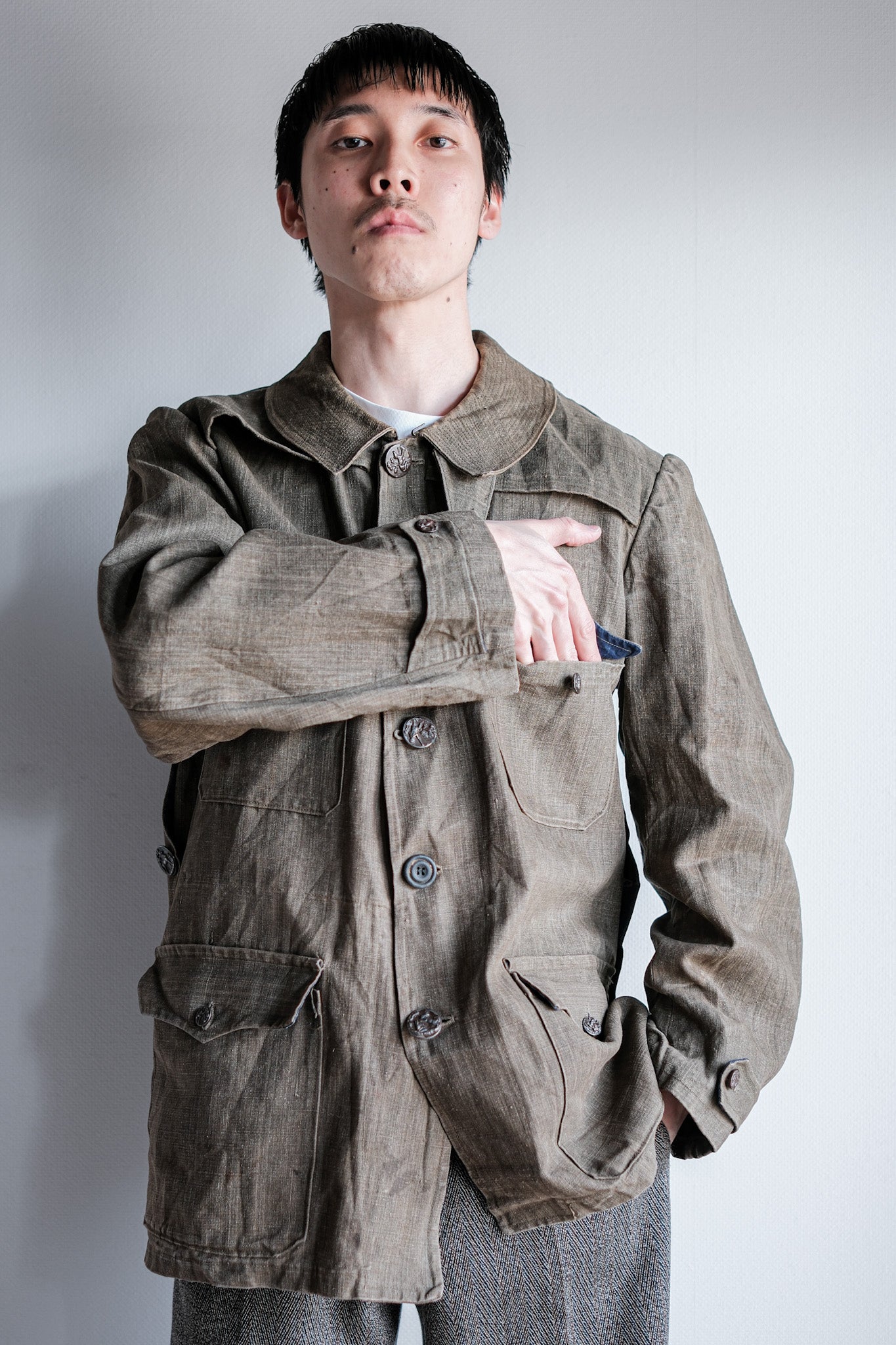 ［~20's］French Vintage Linen Canvas Hunting Jacket With Chin Strap