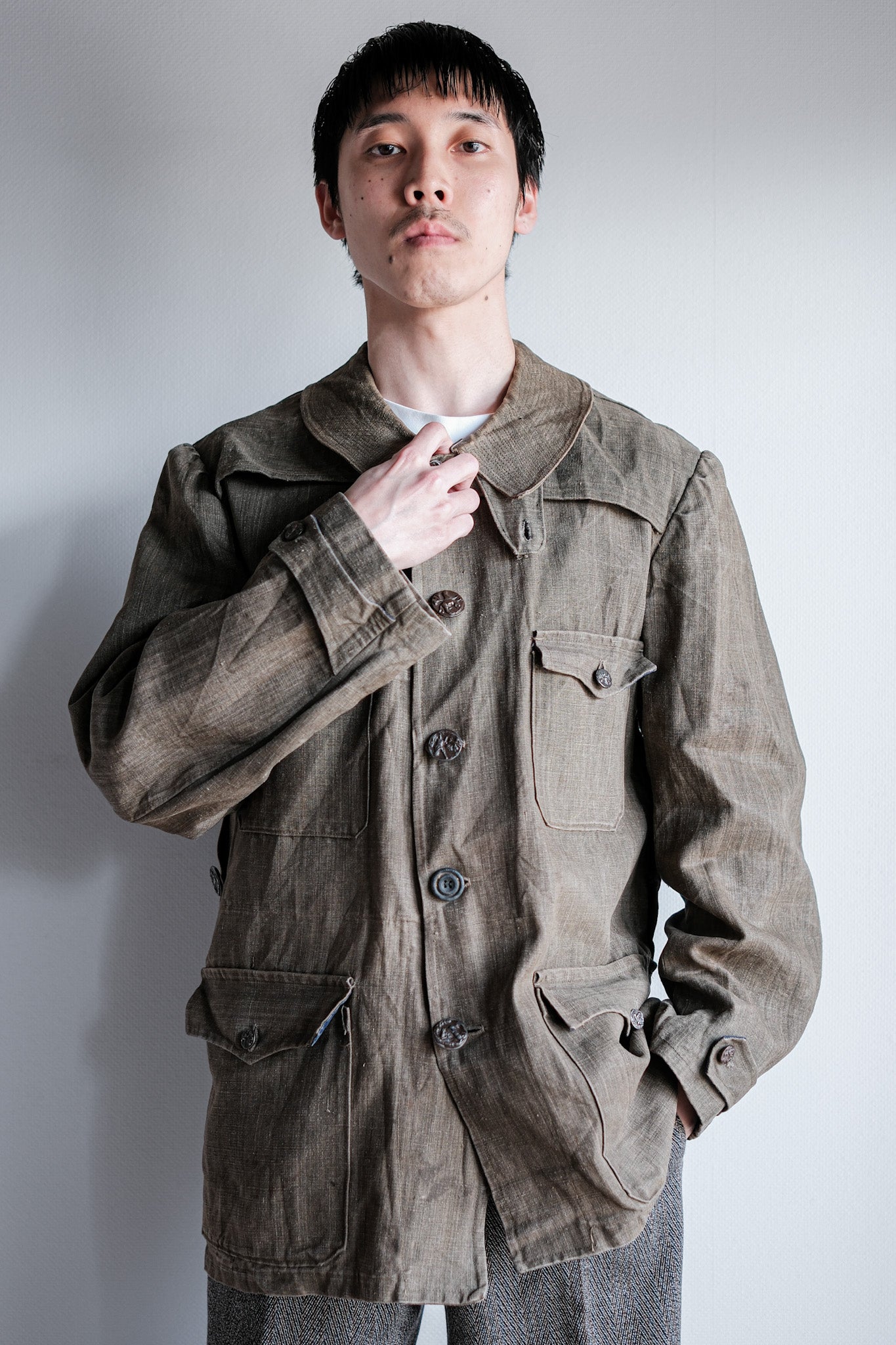 [~ 20's] French Vintage Linen Canvas Hunting Jacket with China Strap