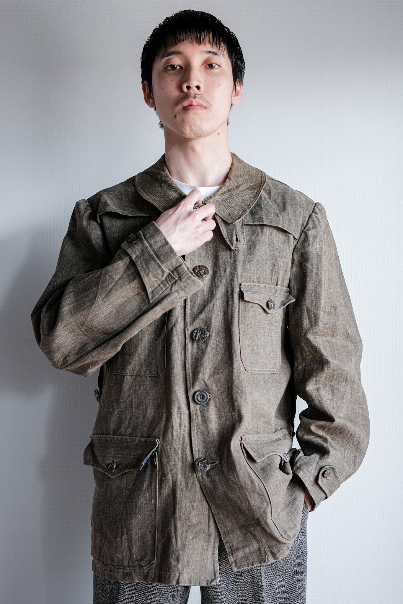 ［~20's］French Vintage Linen Canvas Hunting Jacket With Chin Strap