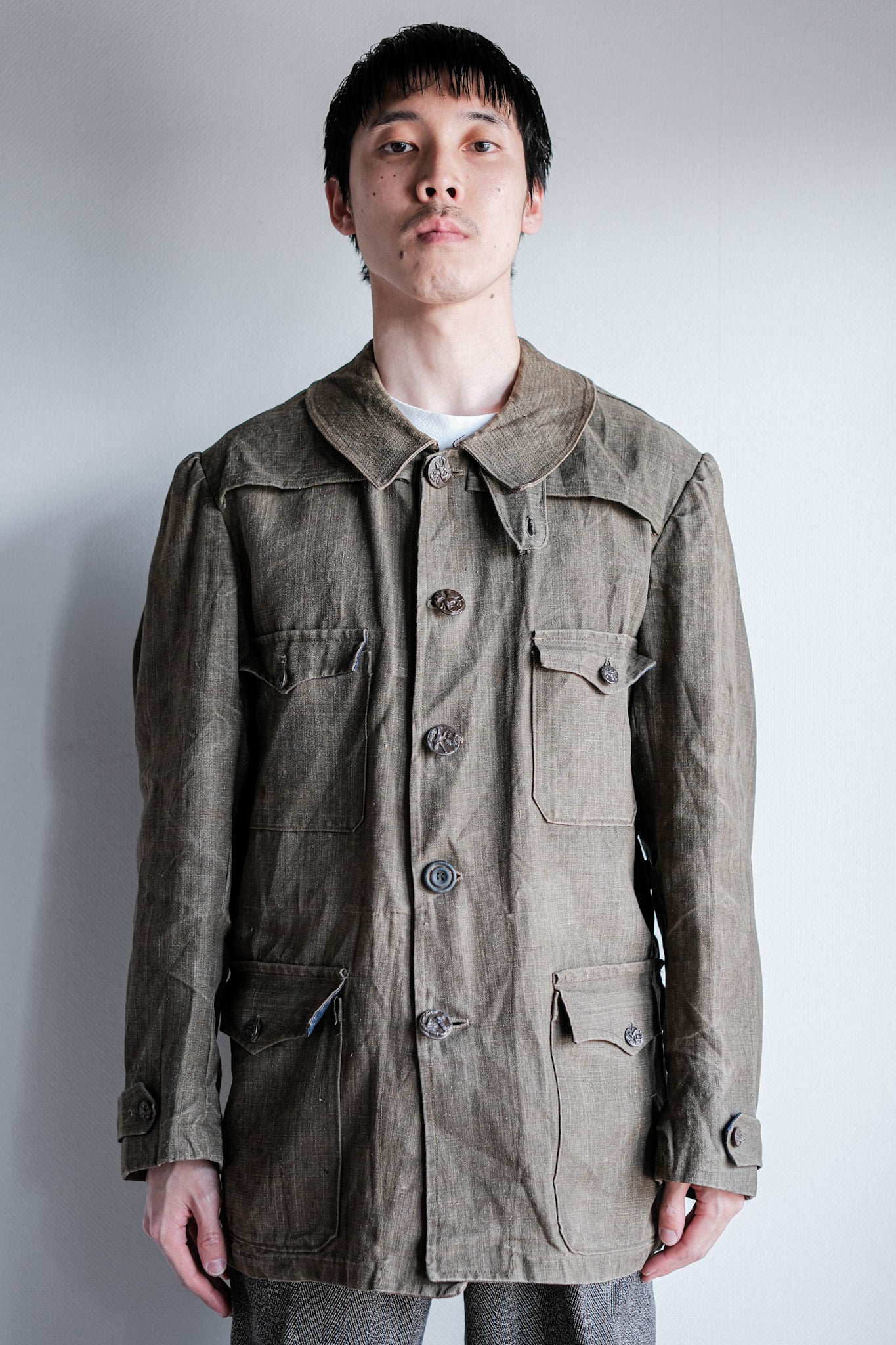 ［~20's］French Vintage Linen Canvas Hunting Jacket With Chin Strap