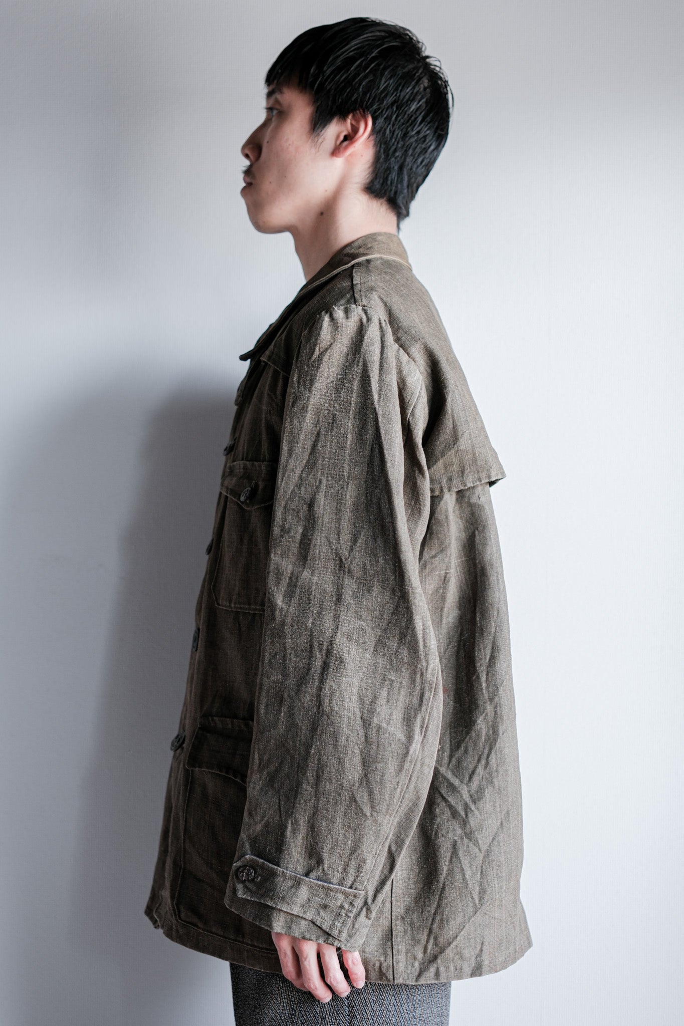 ［~20's］French Vintage Linen Canvas Hunting Jacket With Chin Strap