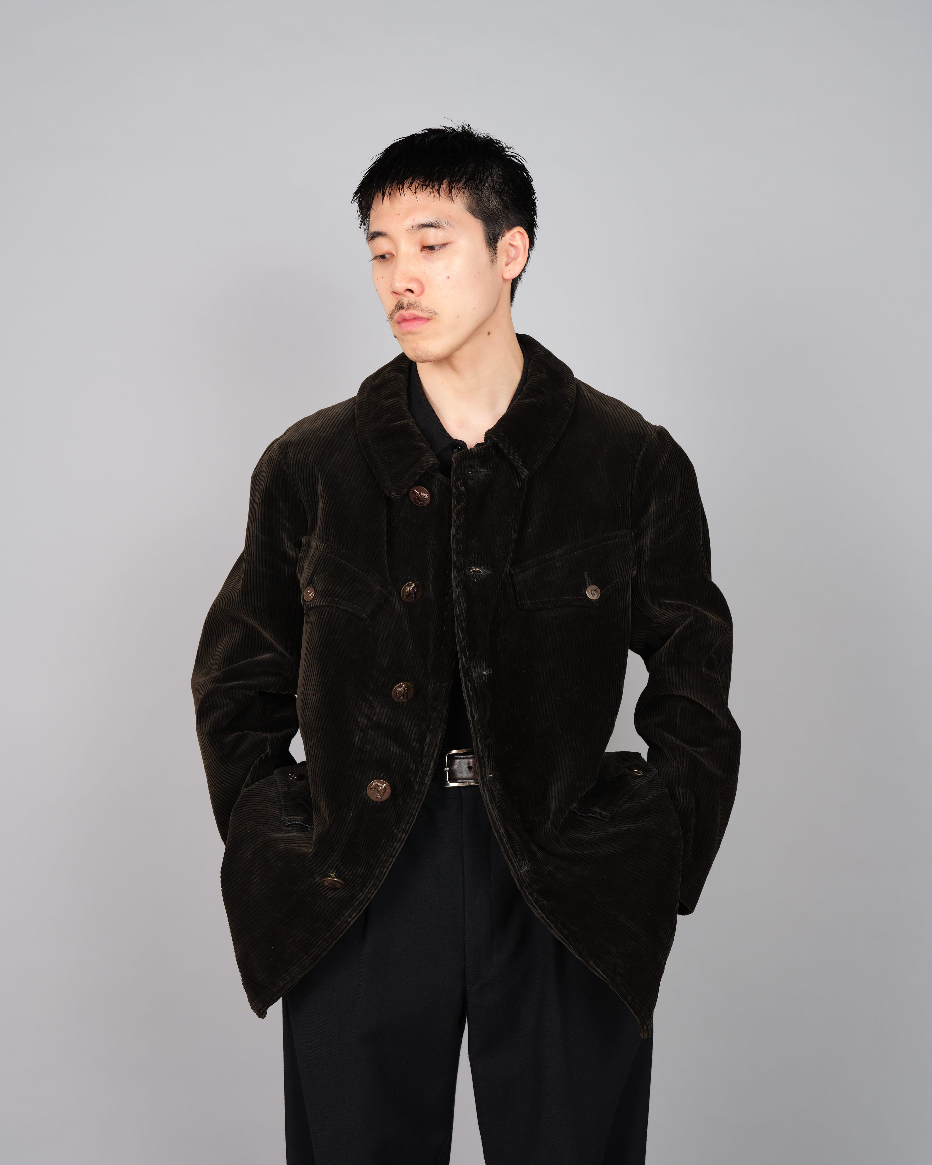 40's】French Vintage Dark Brown Corduroy Hunting Jacket Size.48 