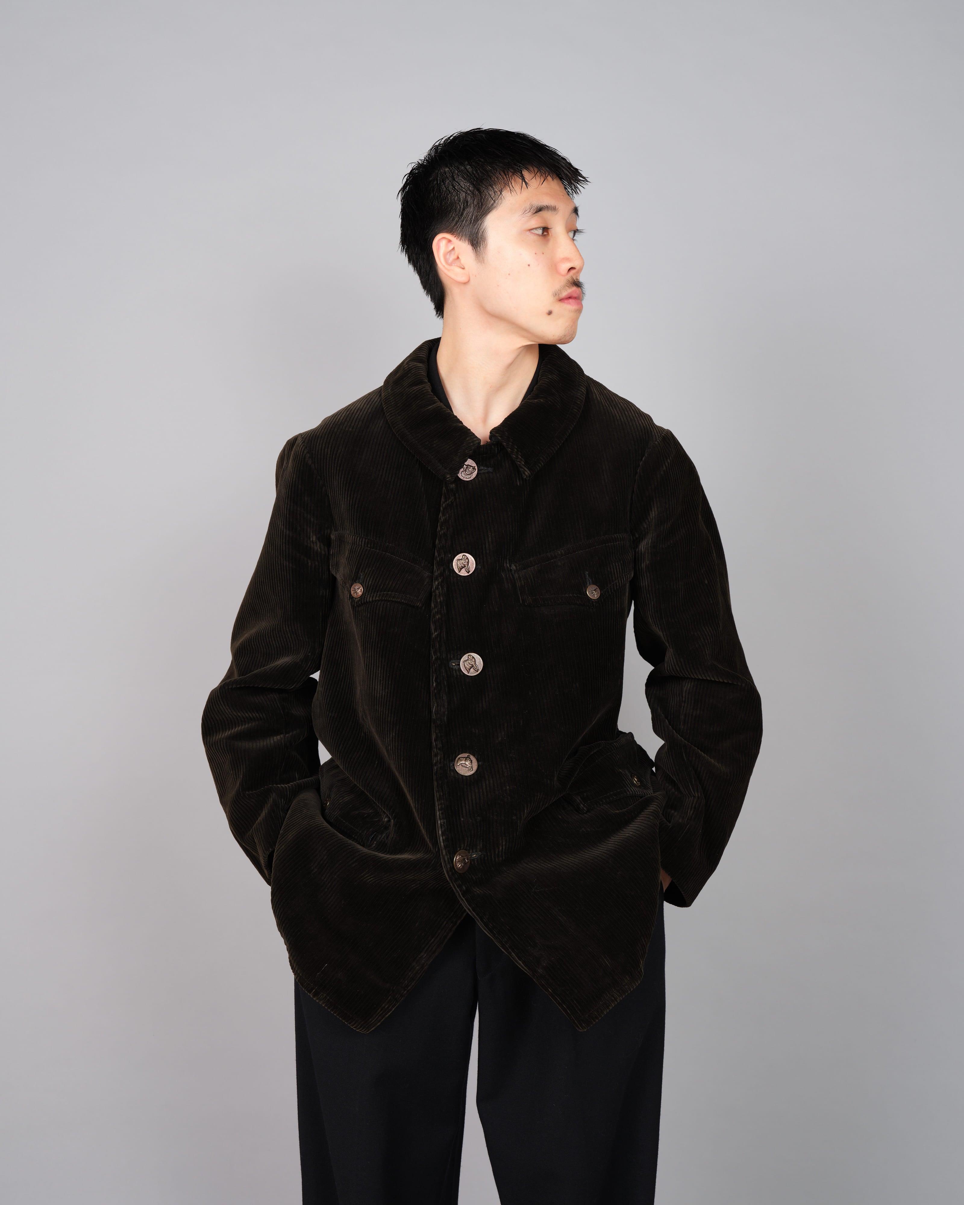 40's】French Vintage Dark Brown Corduroy Hunting Jacket Size.48 
