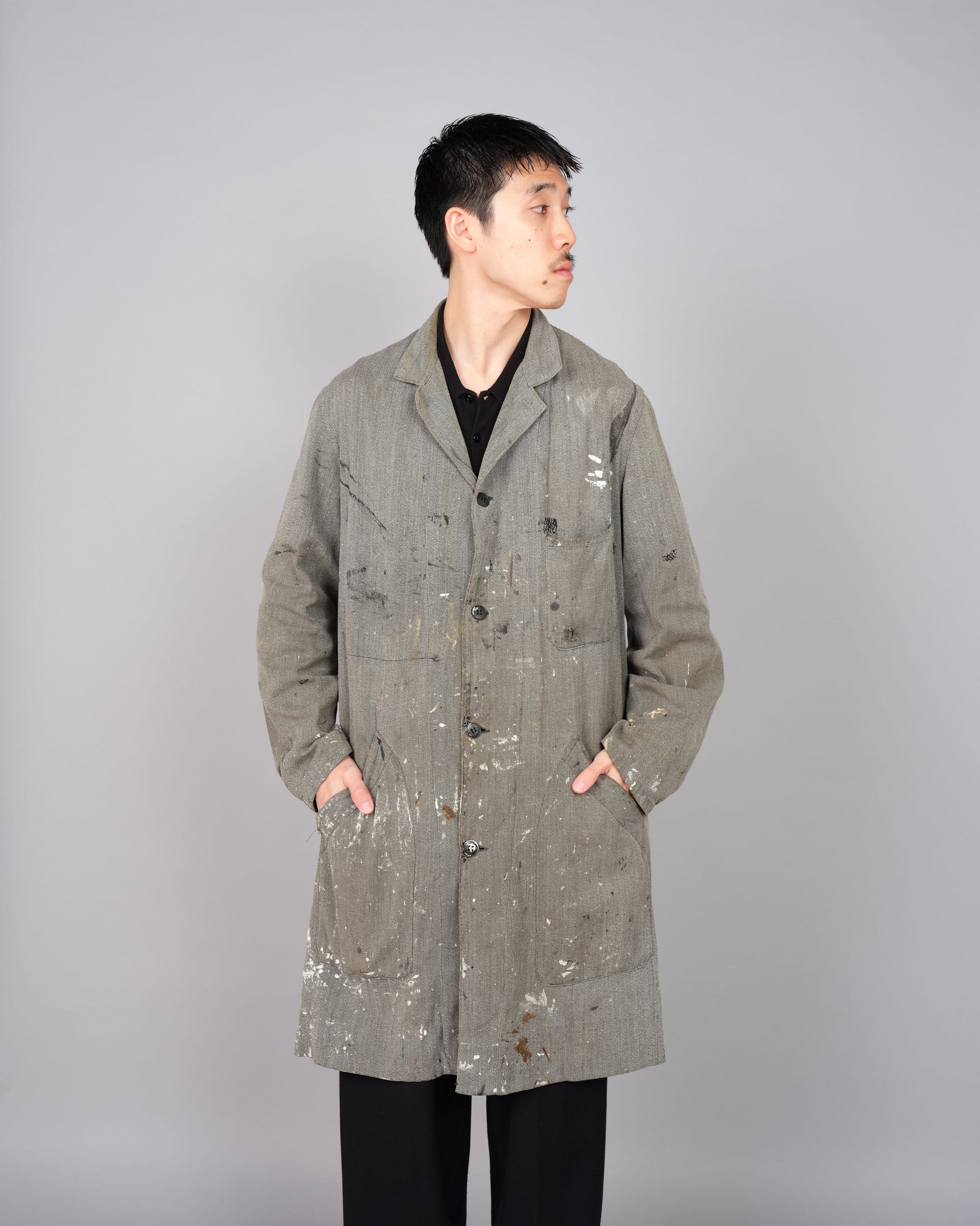 ［~40's］French Vintage Salt & Pepper Cotton Twill Atelier Coat "Crazy Paint"