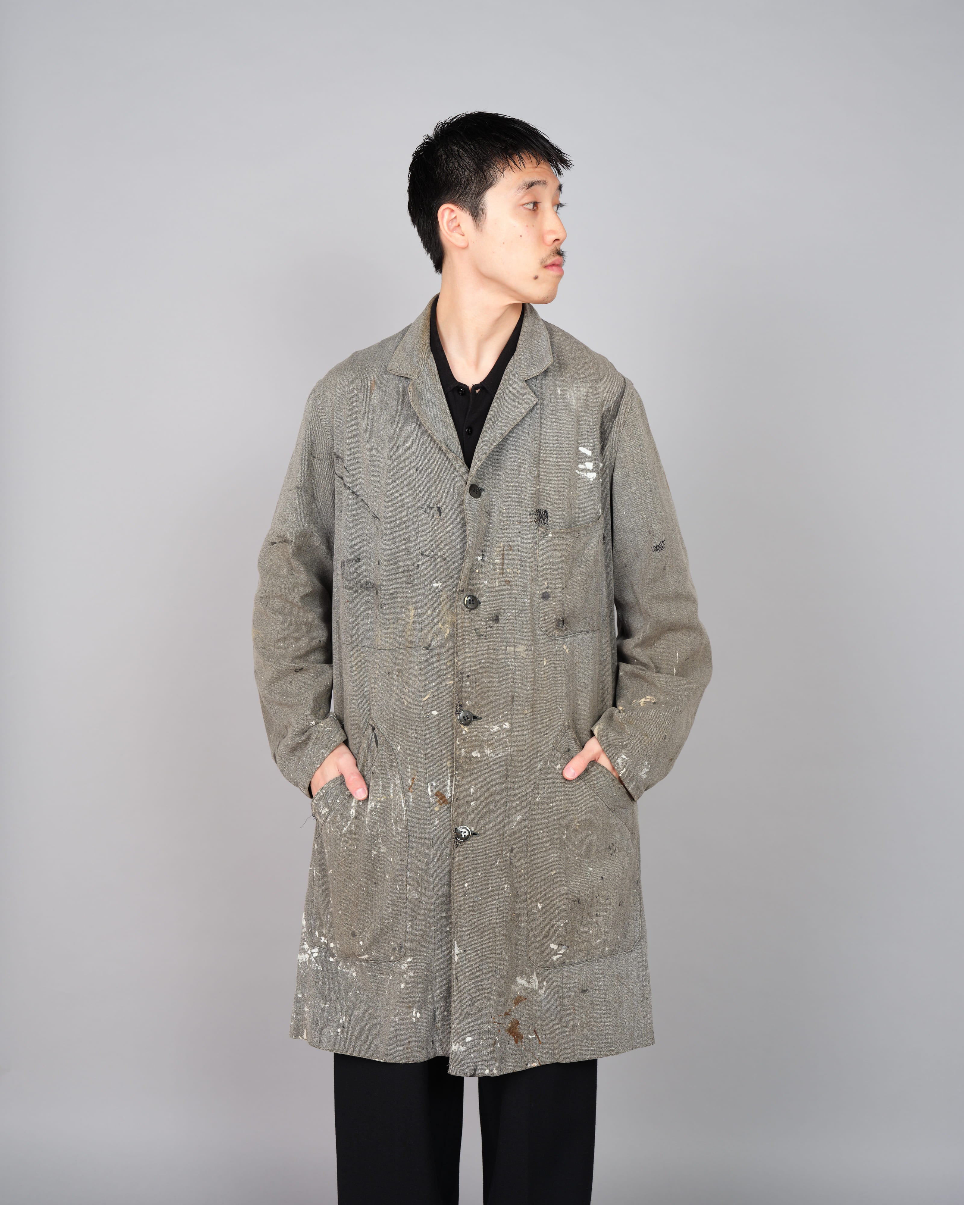 【~40's】French Vintage Salt & Pepper Cotton Twill Atelier Coat "Crazy Paint"