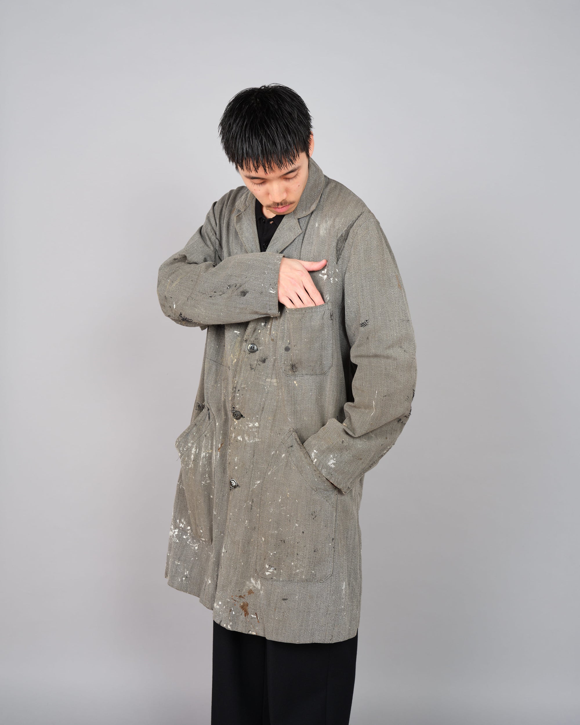 ［~40's］French Vintage Salt & Pepper Cotton Twill Atelier Coat "Crazy Paint"