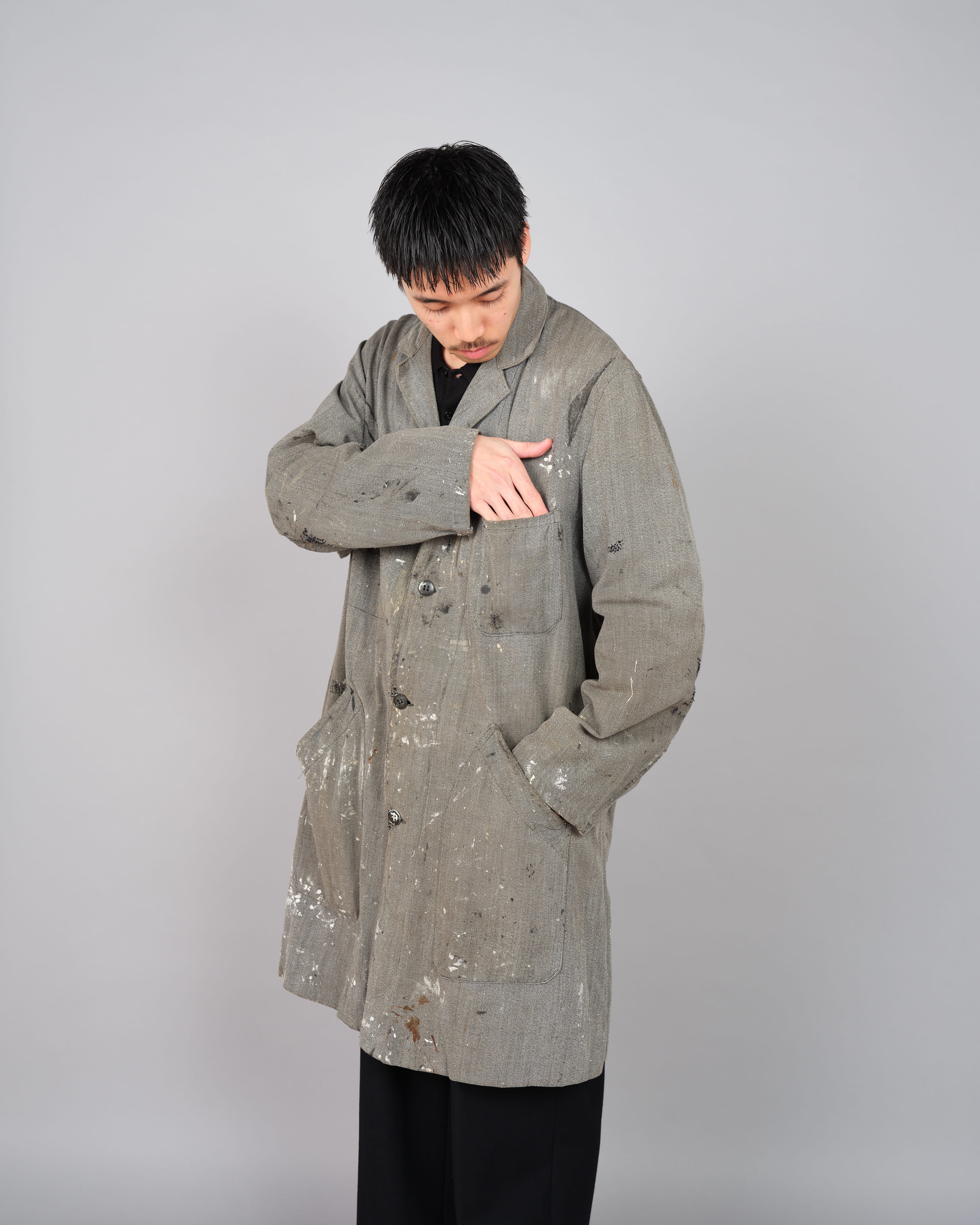 【~40's】French Vintage Salt & Pepper Cotton Twill Atelier Coat "Crazy Paint"