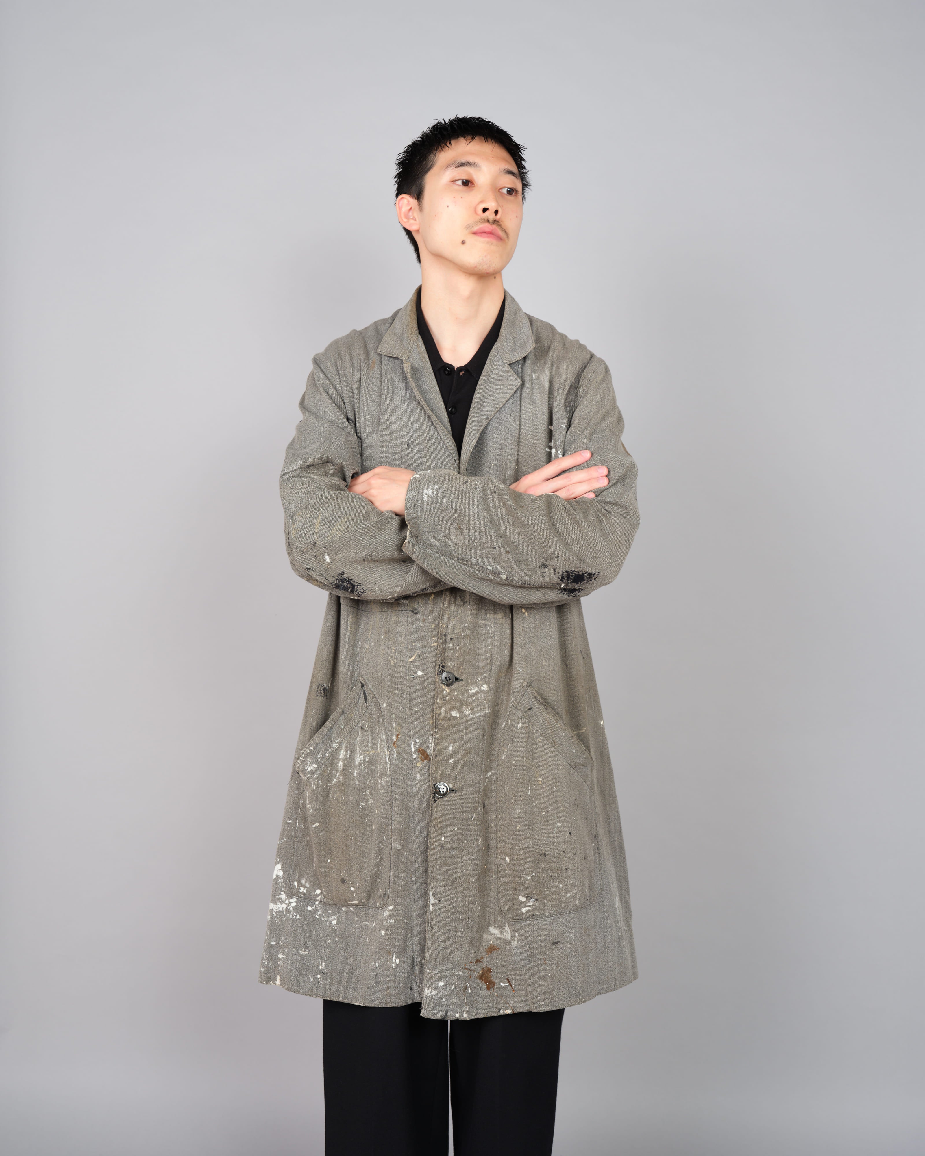 【~40's】French Vintage Salt & Pepper Cotton Twill Atelier Coat "Crazy Paint"