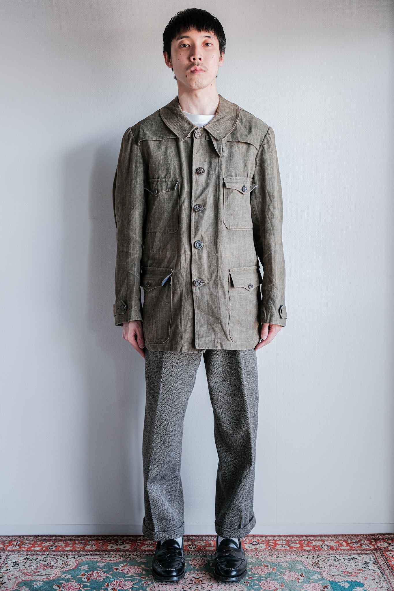 ［~20's］French Vintage Linen Canvas Hunting Jacket With Chin Strap