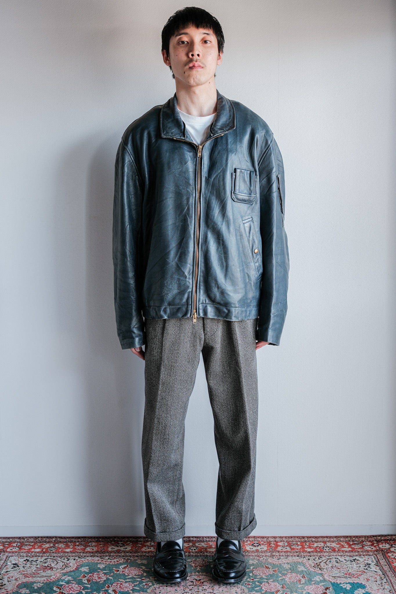 ［~70's］French Air Force Pilot Leather Jacket With Chin Strap & Liner Size.104L