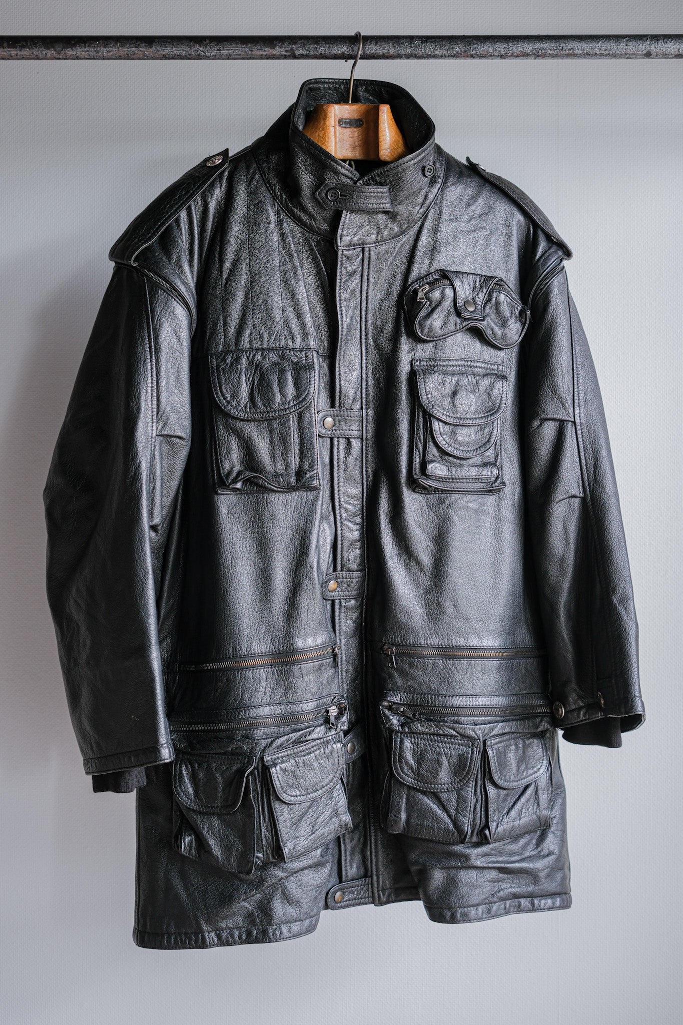 ［~80's］Old Renoma Paris Black Leather Detachable Sleeve Multi Pocket Jacket With Liner Size.XXL