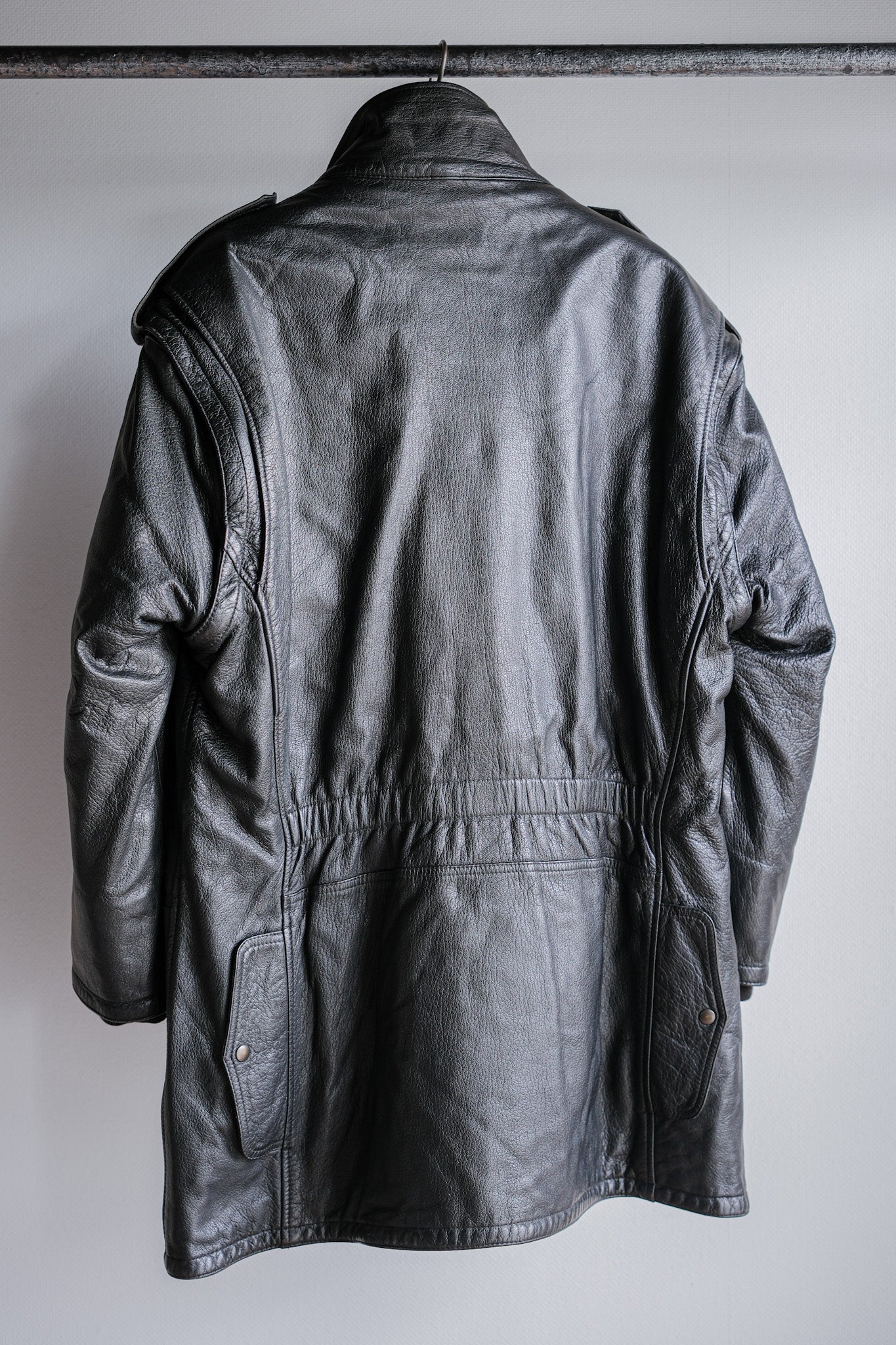 ［~80's］Old Renoma Paris Black Leather Detachable Sleeve Multi Pocket Jacket With Liner Size.XXL