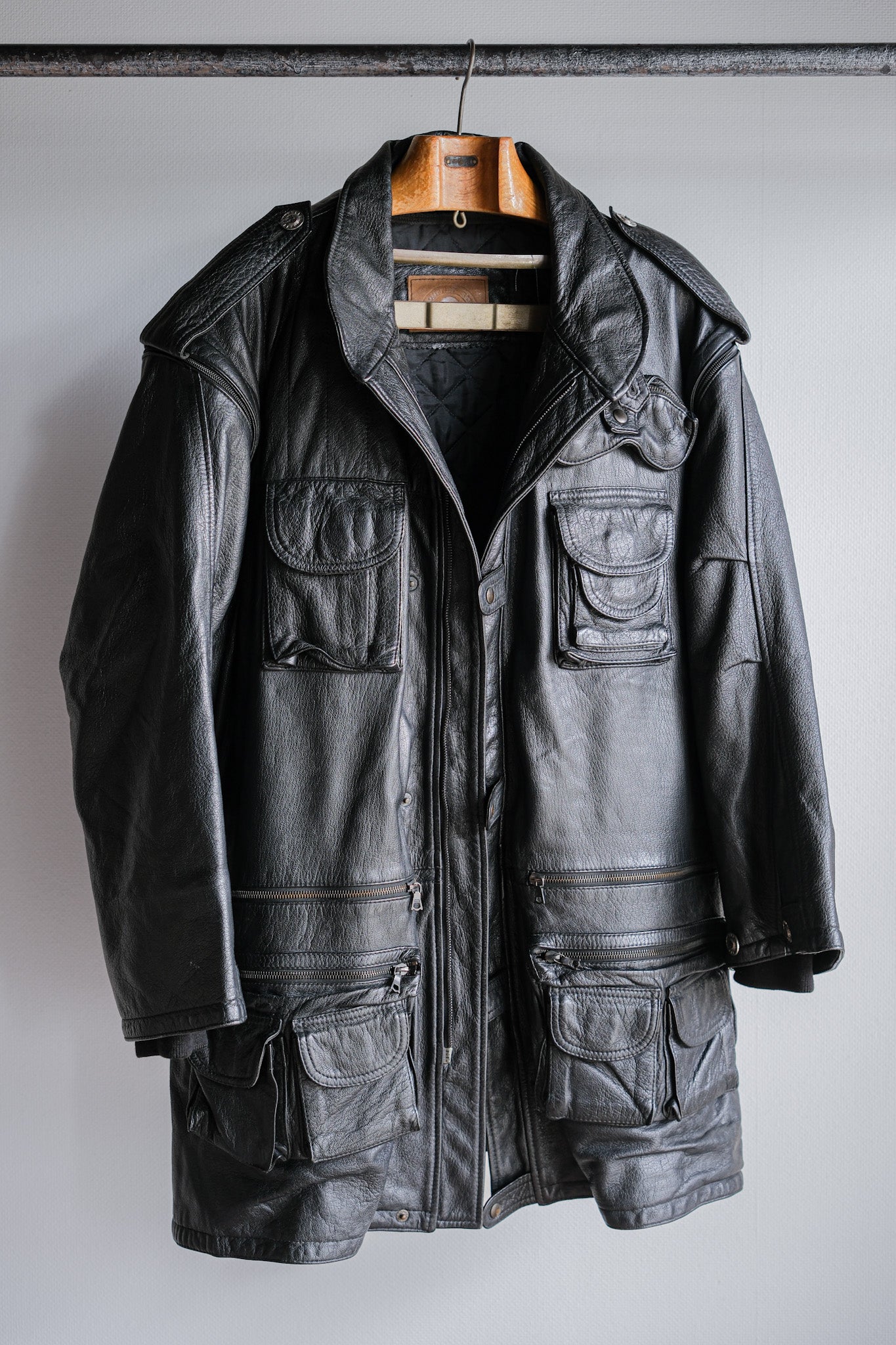 ［~80's］Old Renoma Paris Black Leather Detachable Sleeve Multi Pocket Jacket With Liner Size.XXL