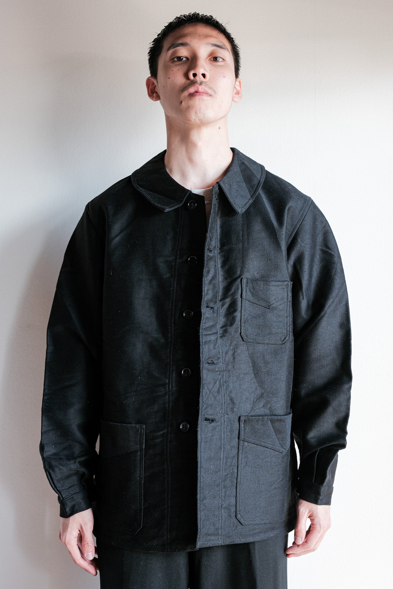 [~ 40's] Jacket de travail de moleskin noir vintage français "Le Mont St. Michel"