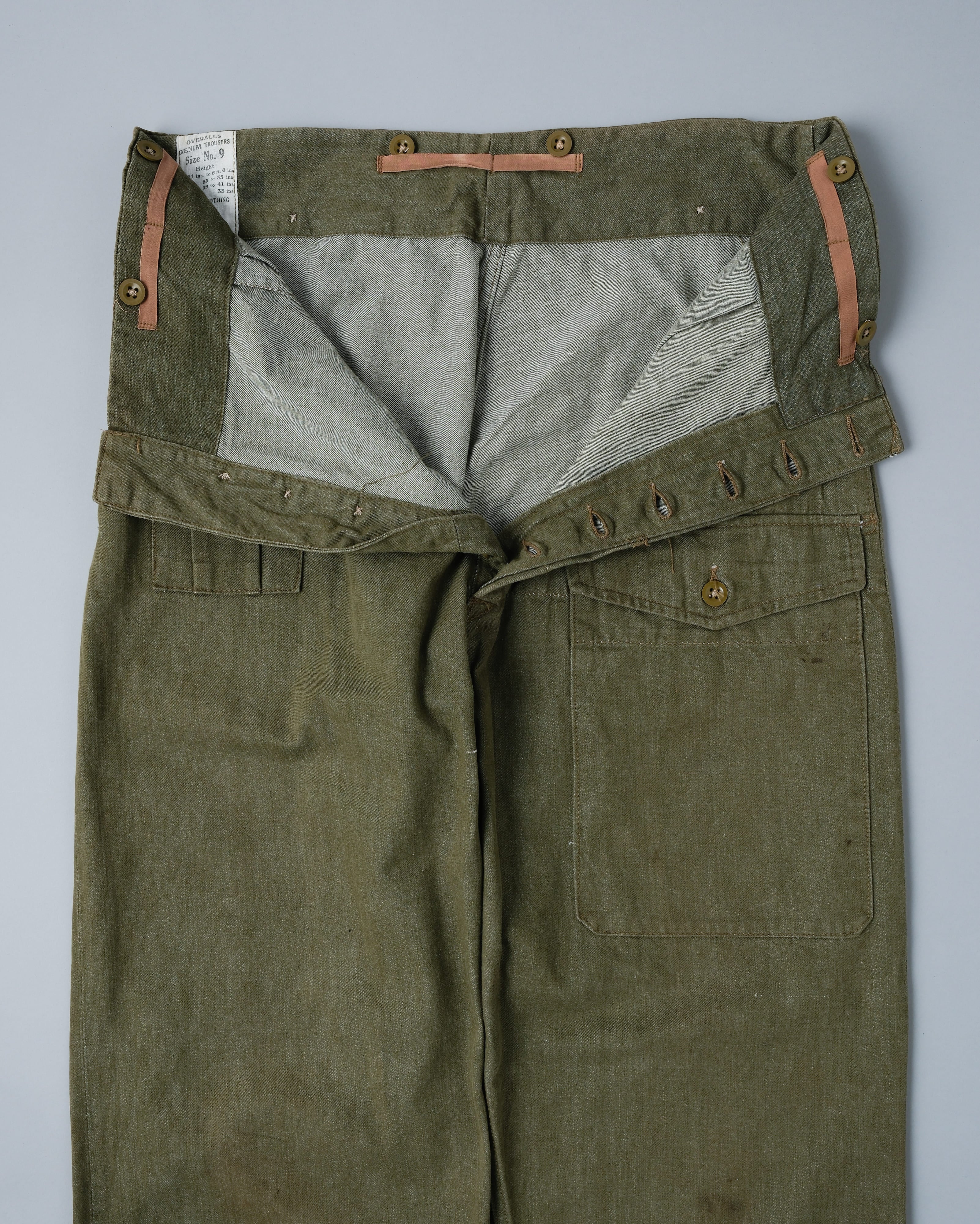 【~50's】British Army Overalls Green Denim Trousers Size.9