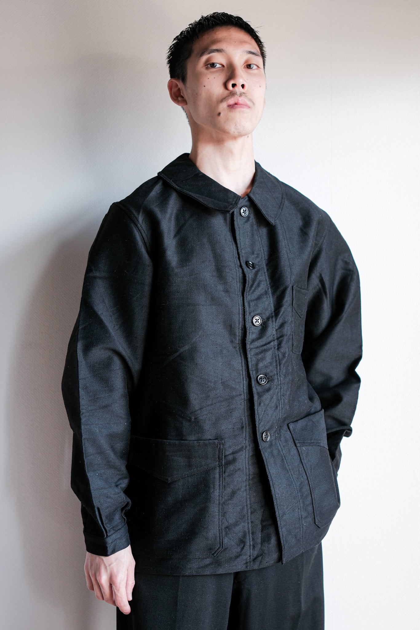 [~ 40's] French Vintage Black Moleskin Work Jacket "Le Mont St. Michel"