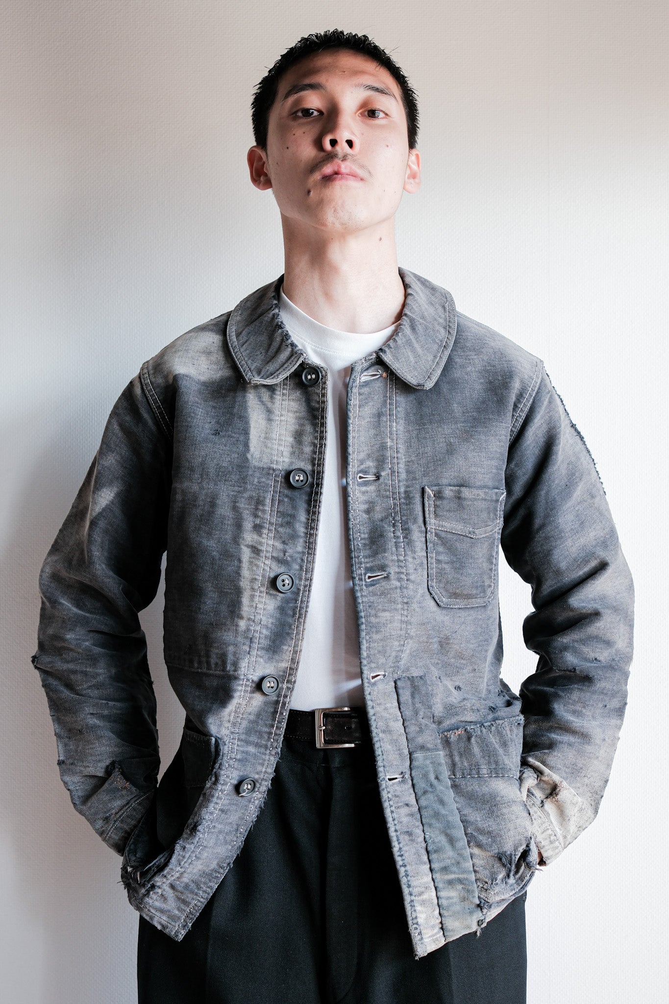 【~40's】French Vintage Black Moleskin Work Jacket "Boro" "Le Mont St. Michel"