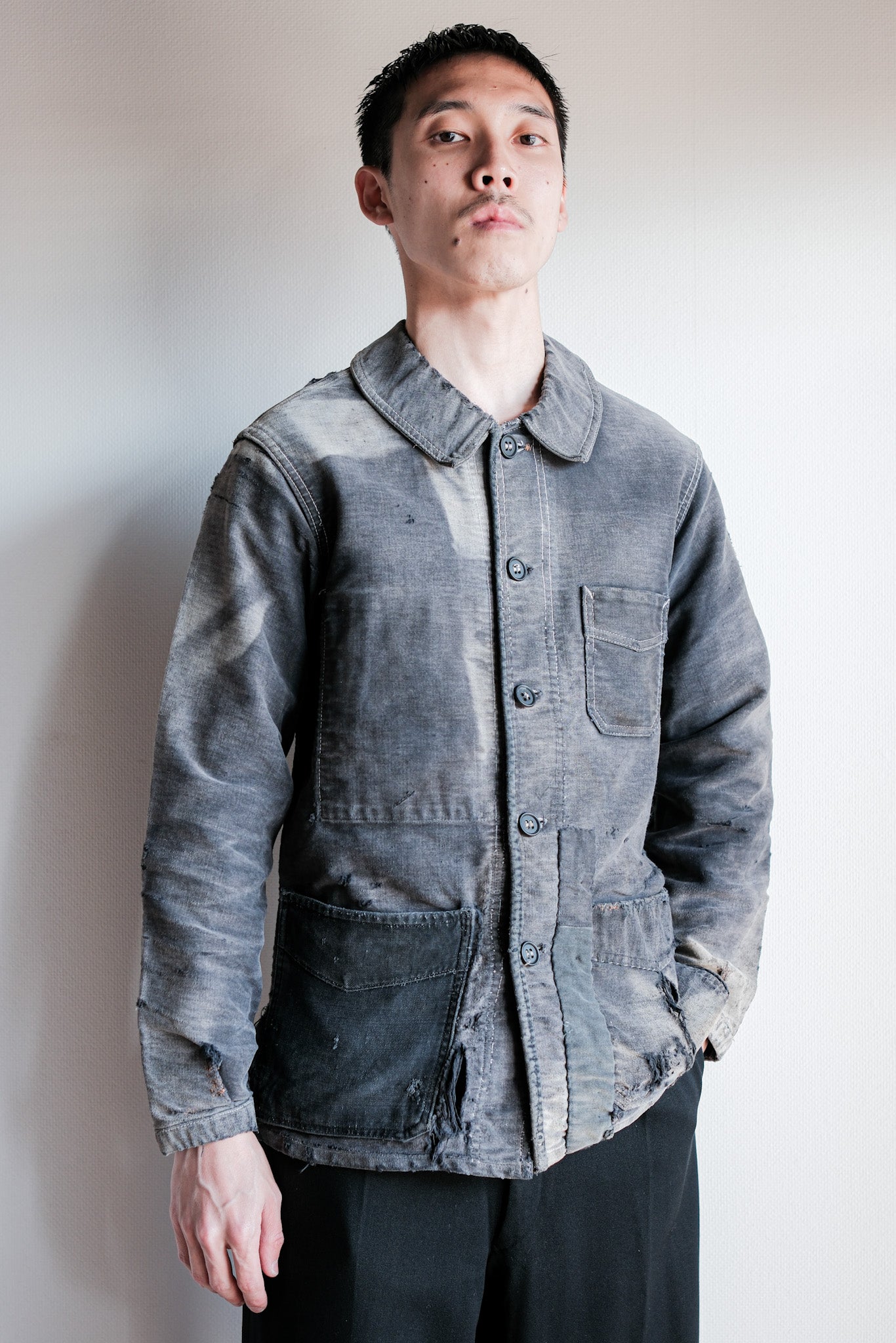 【~40's】French Vintage Black Moleskin Work Jacket "Boro" "Le Mont St. Michel"