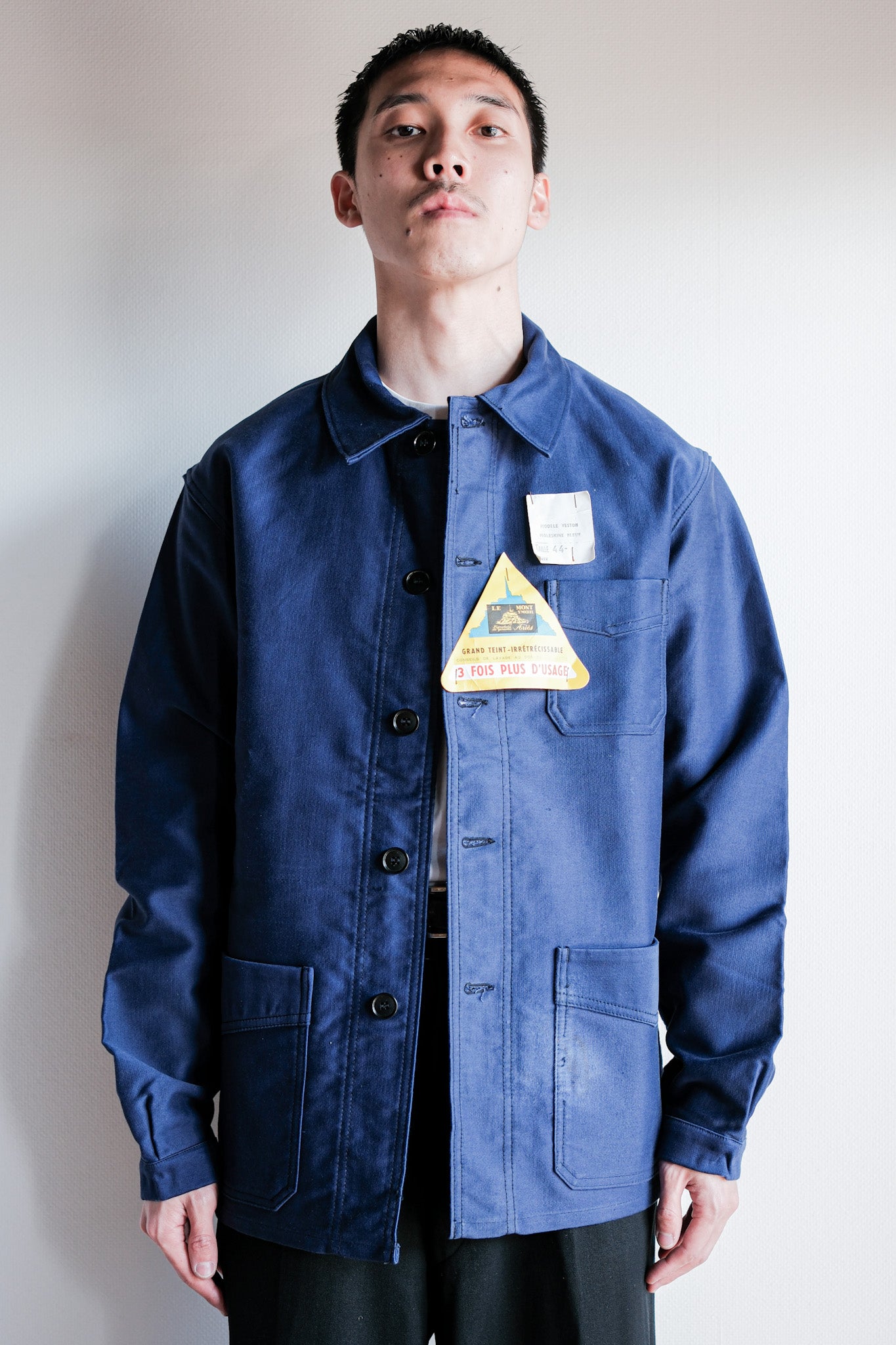【~50’s】French Vintage Blue Moleskin Work Jacket Size.44 "Le Mont St. Michel" "Dead Stock"