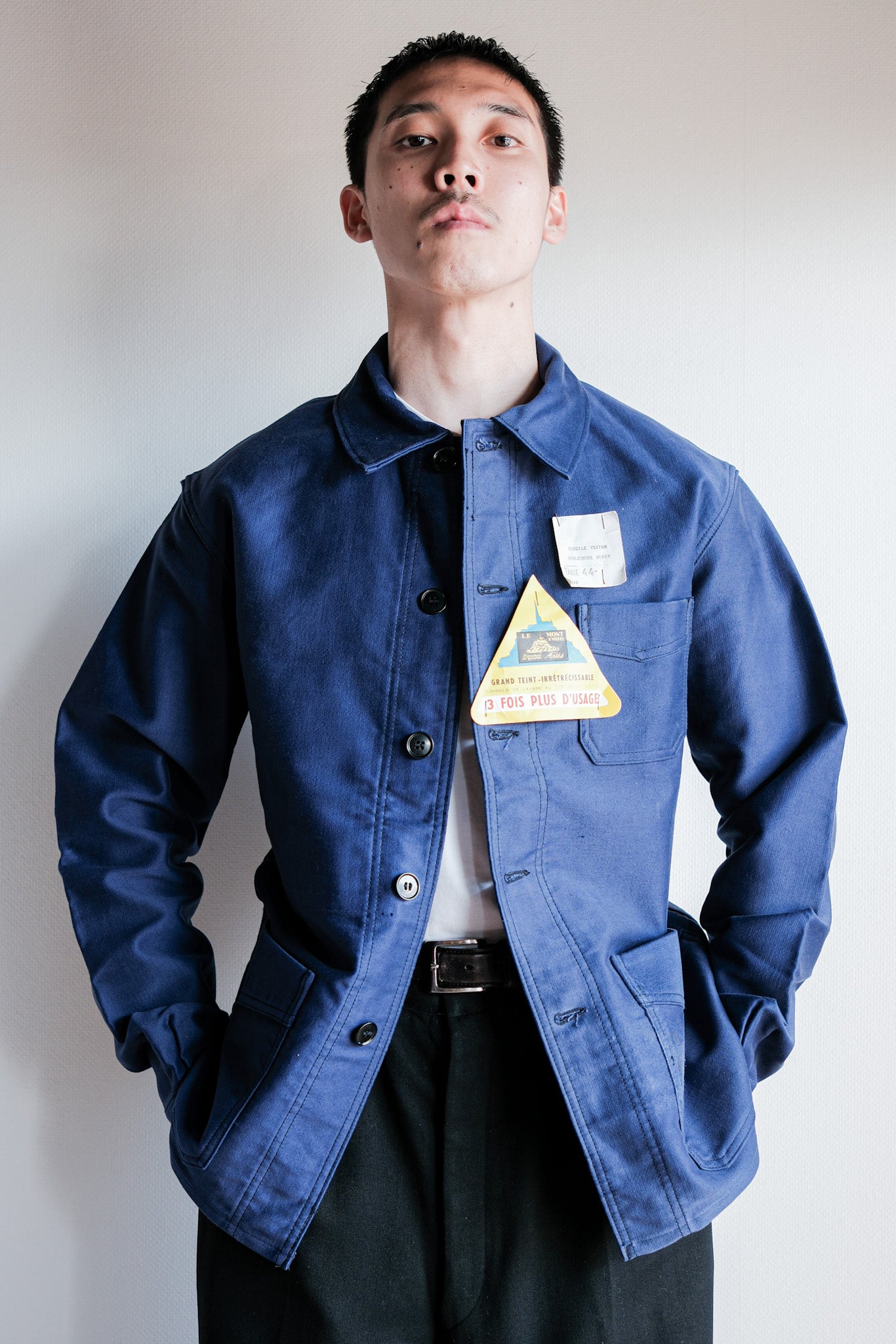 【~50’s】French Vintage Blue Moleskin Work Jacket Size.44 "Le Mont St. Michel" "Dead Stock"