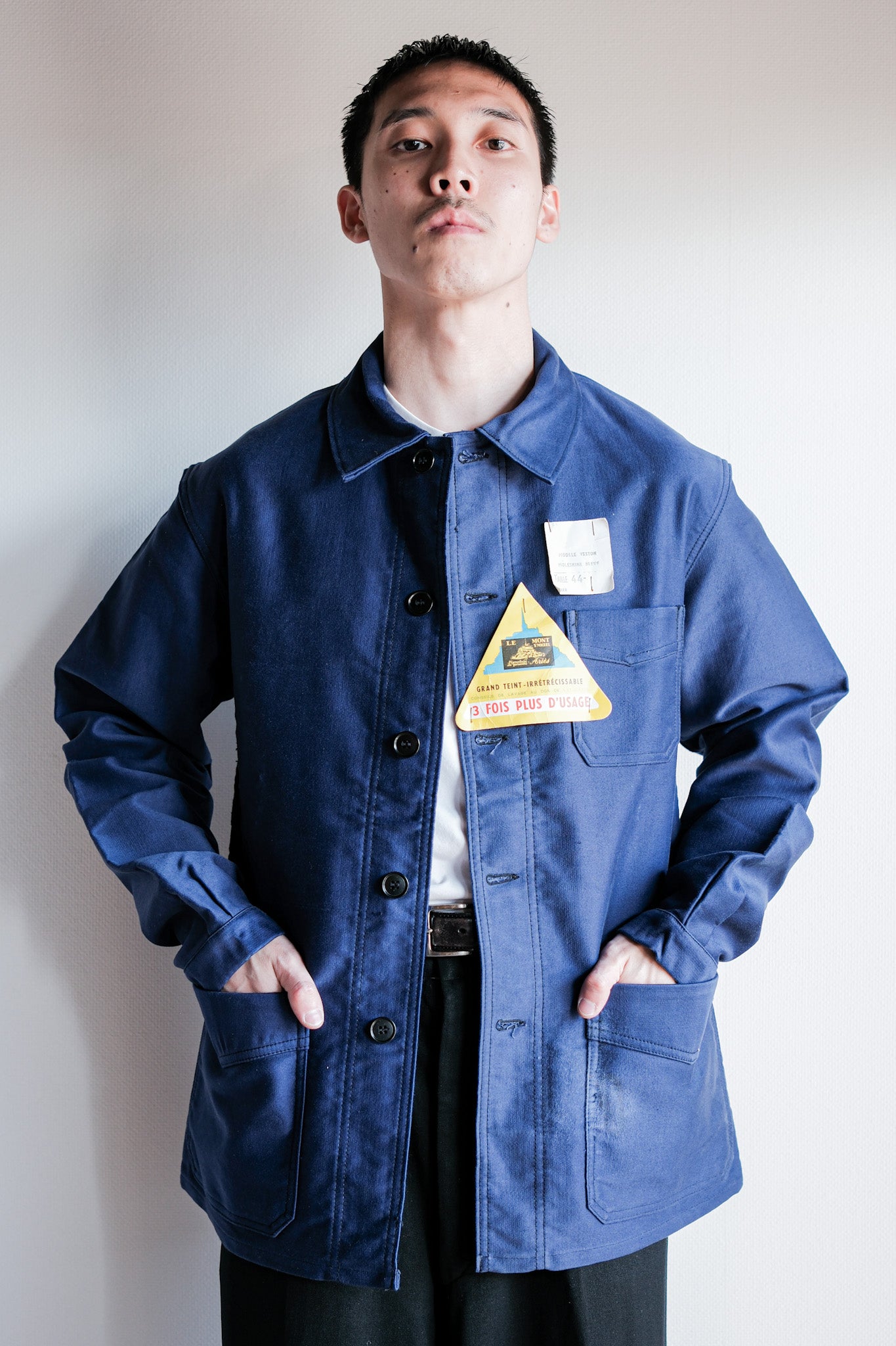 【~50’s】French Vintage Blue Moleskin Work Jacket Size.44 "Le Mont St. Michel" "Dead Stock"