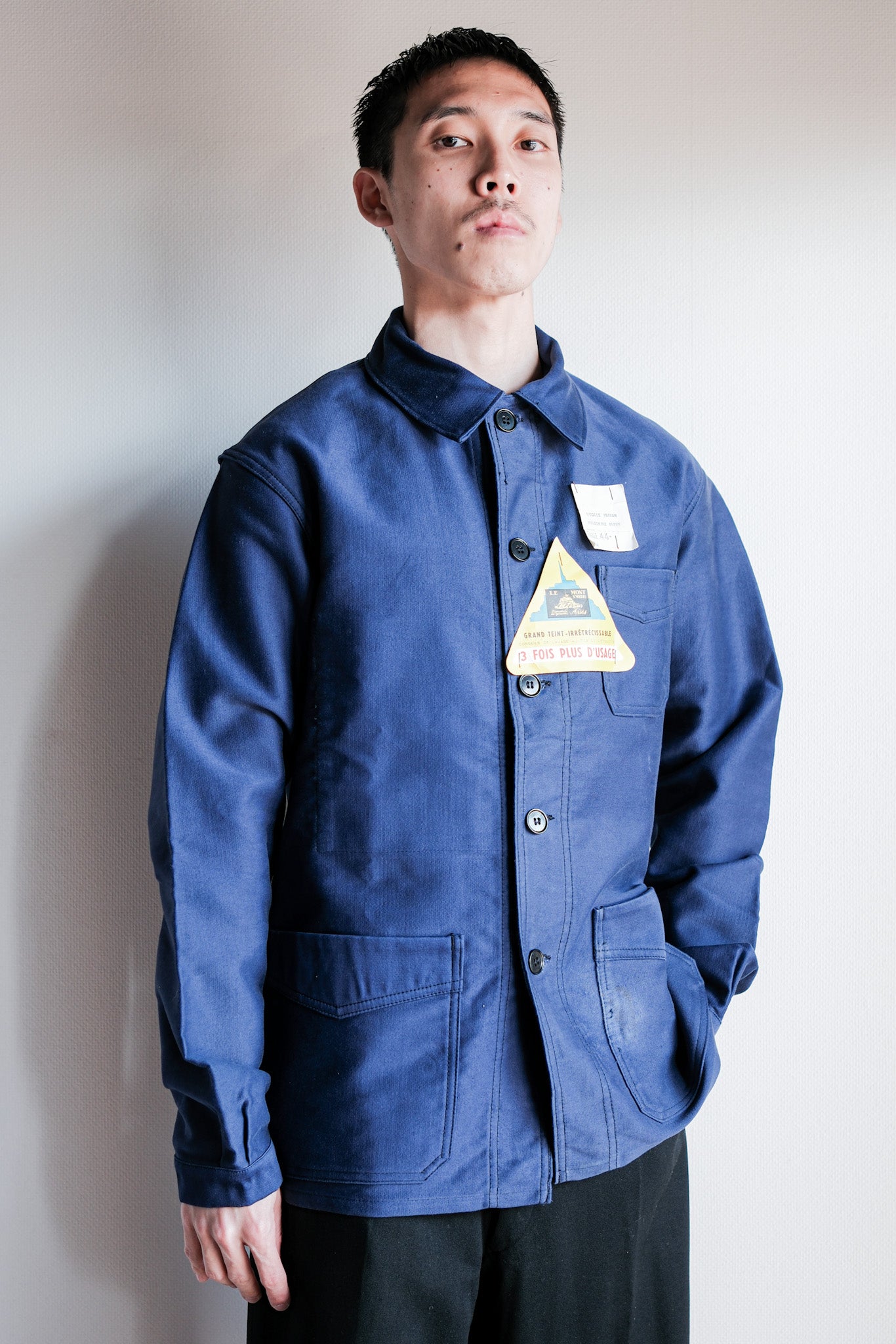 【~50’s】French Vintage Blue Moleskin Work Jacket Size.44 "Le Mont St. Michel" "Dead Stock"