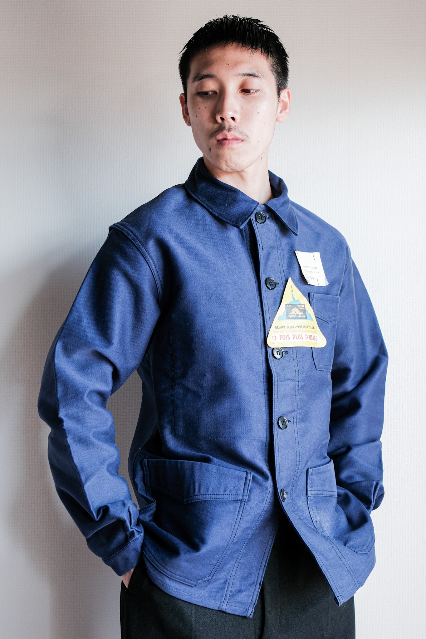 【~50’s】French Vintage Blue Moleskin Work Jacket Size.44 "Le Mont St. Michel" "Dead Stock"