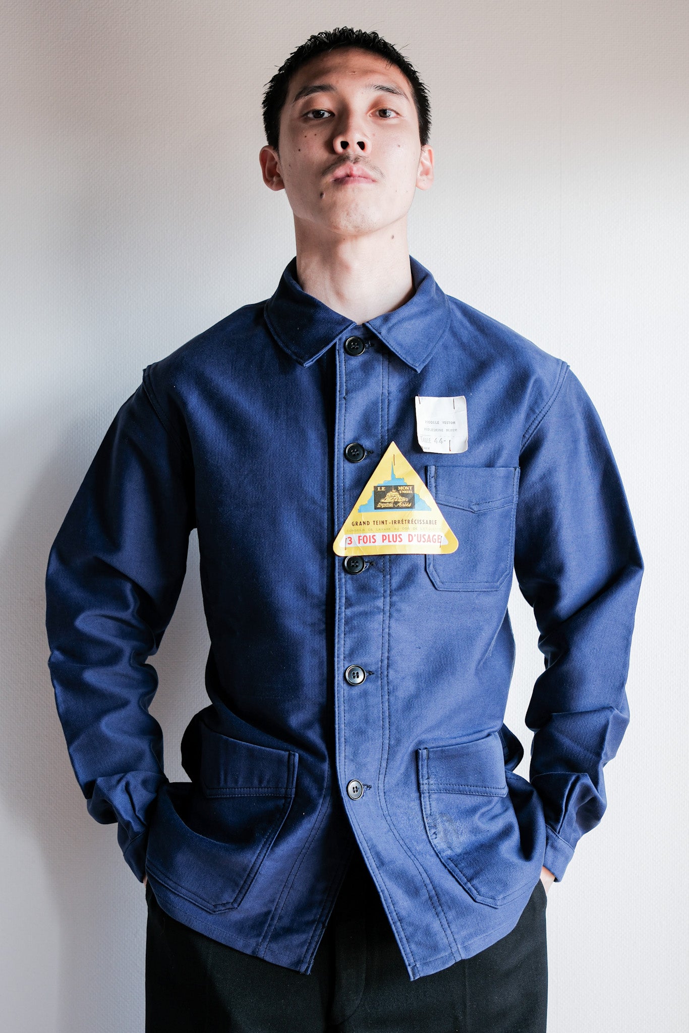 【~50’s】French Vintage Blue Moleskin Work Jacket Size.44 "Le Mont St. Michel" "Dead Stock"