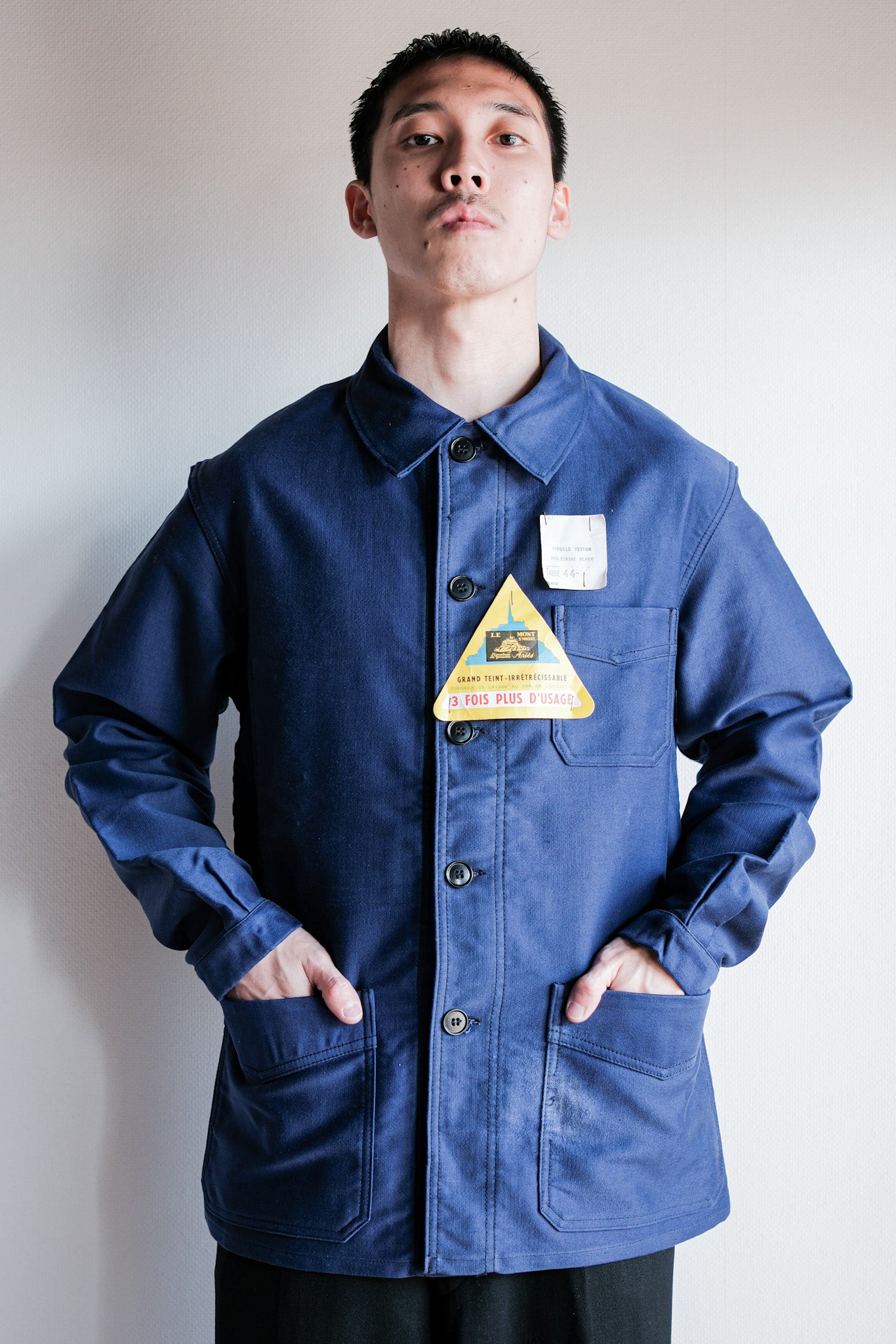 【~50’s】French Vintage Blue Moleskin Work Jacket Size.44 "Le Mont St. Michel" "Dead Stock"