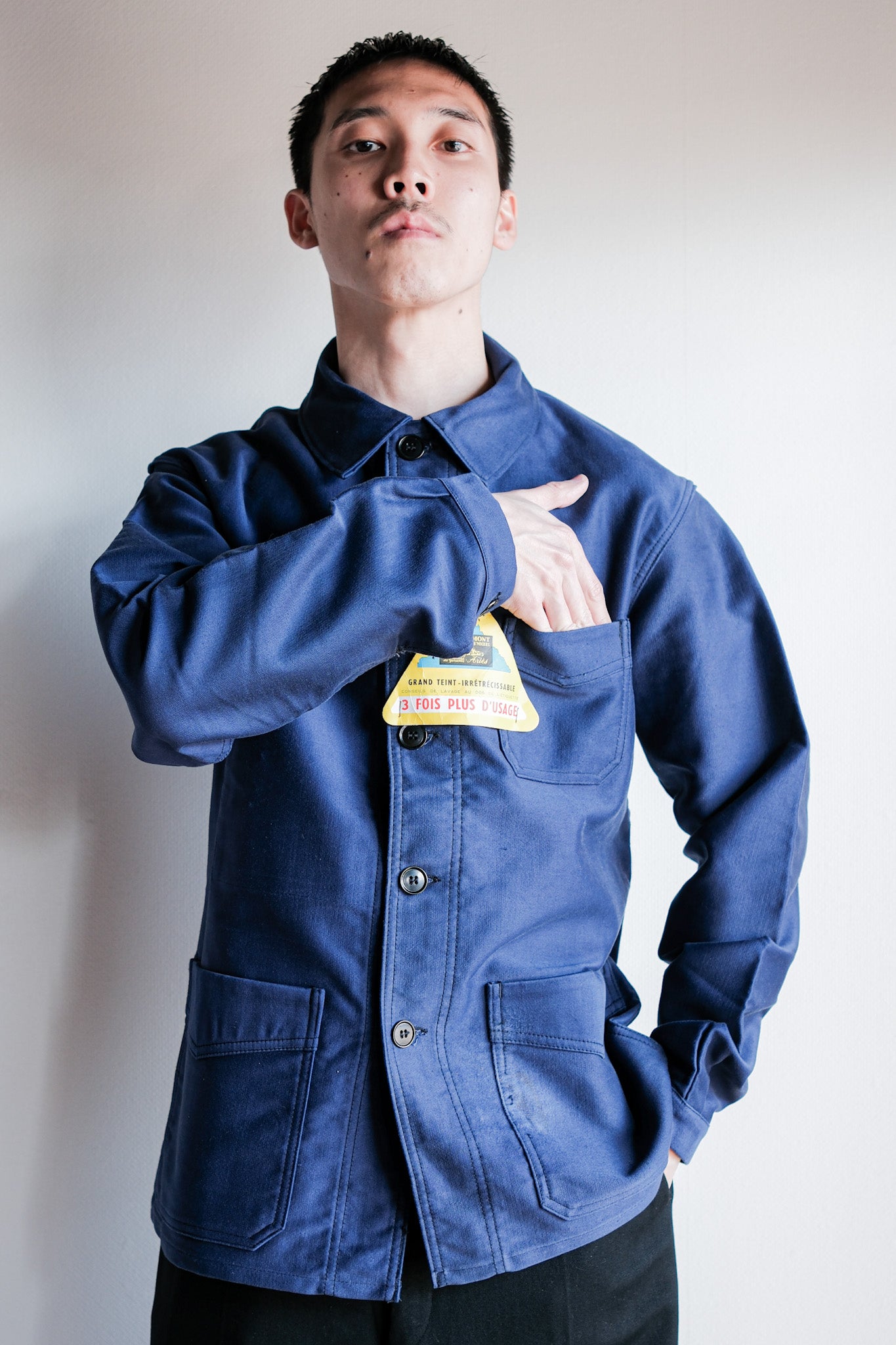 【~50’s】French Vintage Blue Moleskin Work Jacket Size.44 "Le Mont St. Michel" "Dead Stock"