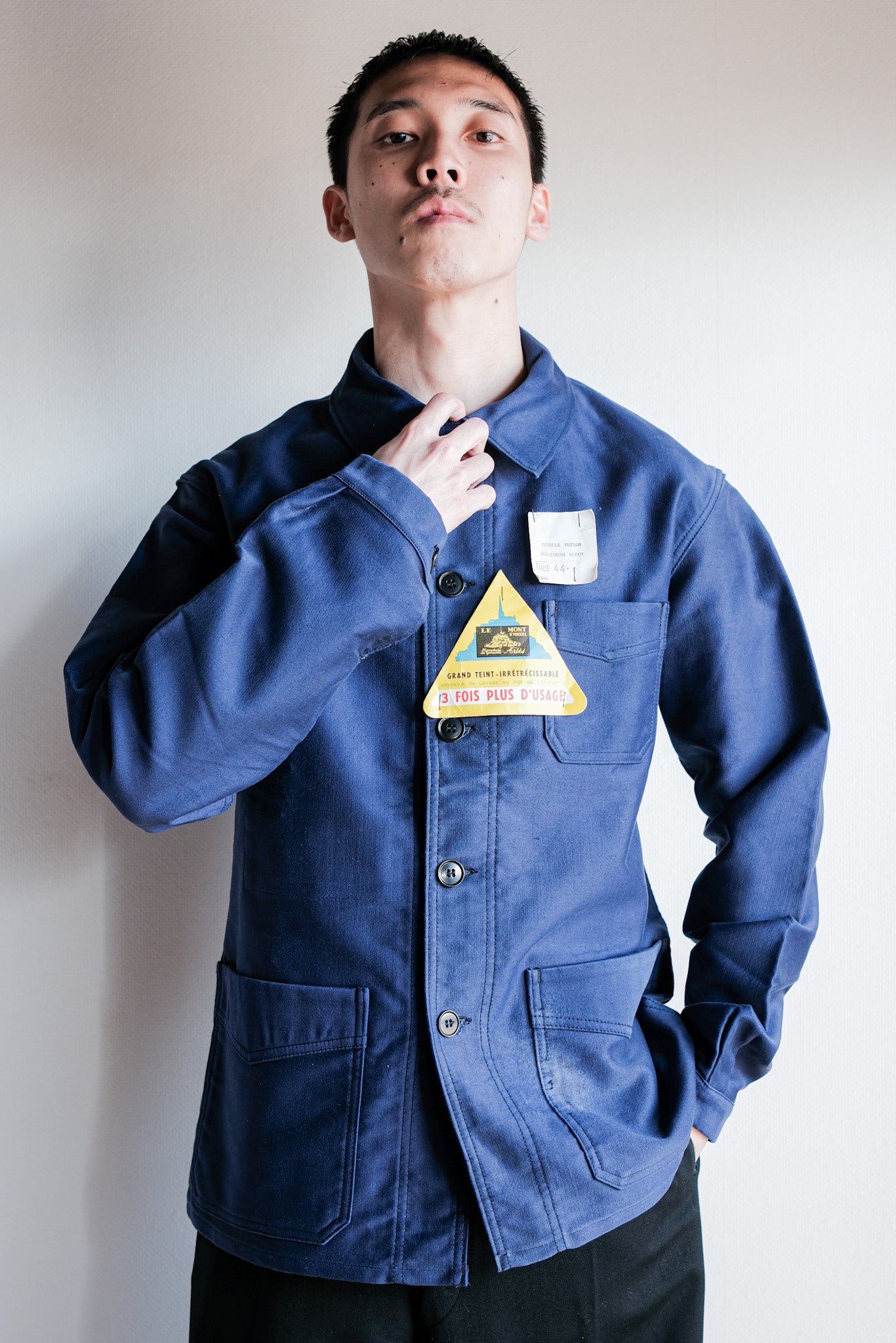 【~50’s】French Vintage Blue Moleskin Work Jacket Size.44 "Le Mont St. Michel" "Dead Stock"