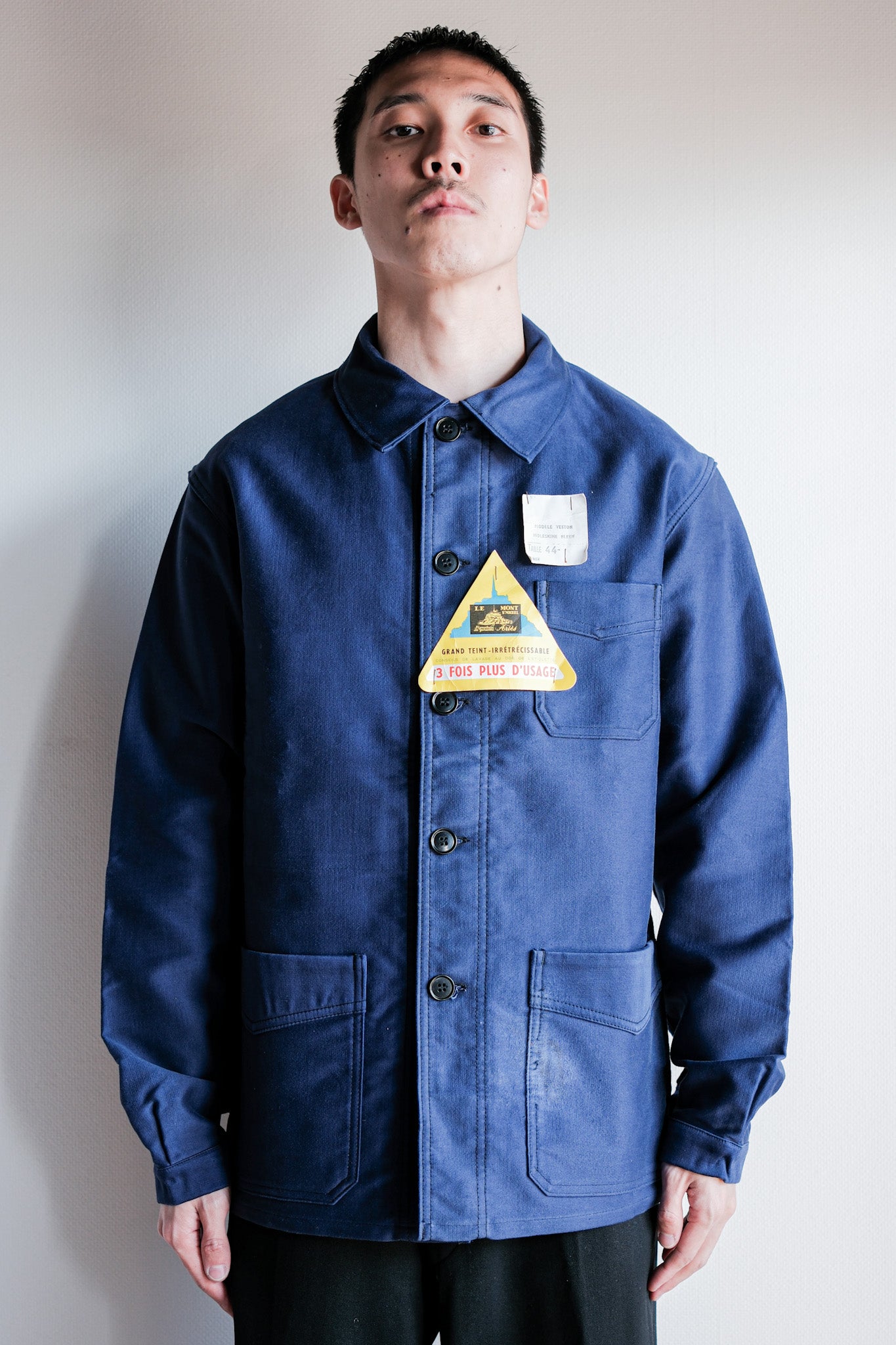 【~50’s】French Vintage Blue Moleskin Work Jacket Size.44 "Le Mont St. Michel" "Dead Stock"