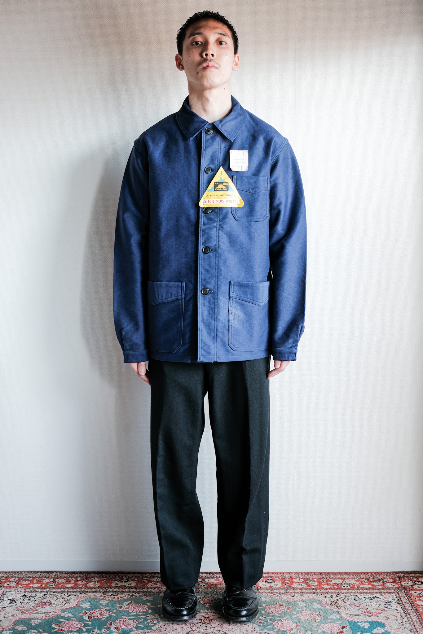 【~50’s】French Vintage Blue Moleskin Work Jacket Size.44 "Le Mont St. Michel" "Dead Stock"