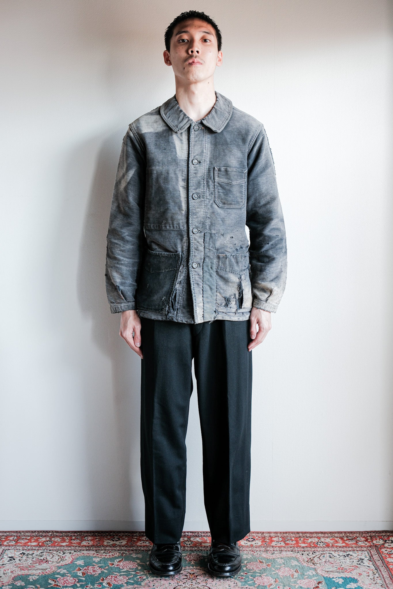 【~40's】French Vintage Black Moleskin Work Jacket "Boro" "Le Mont St. Michel"