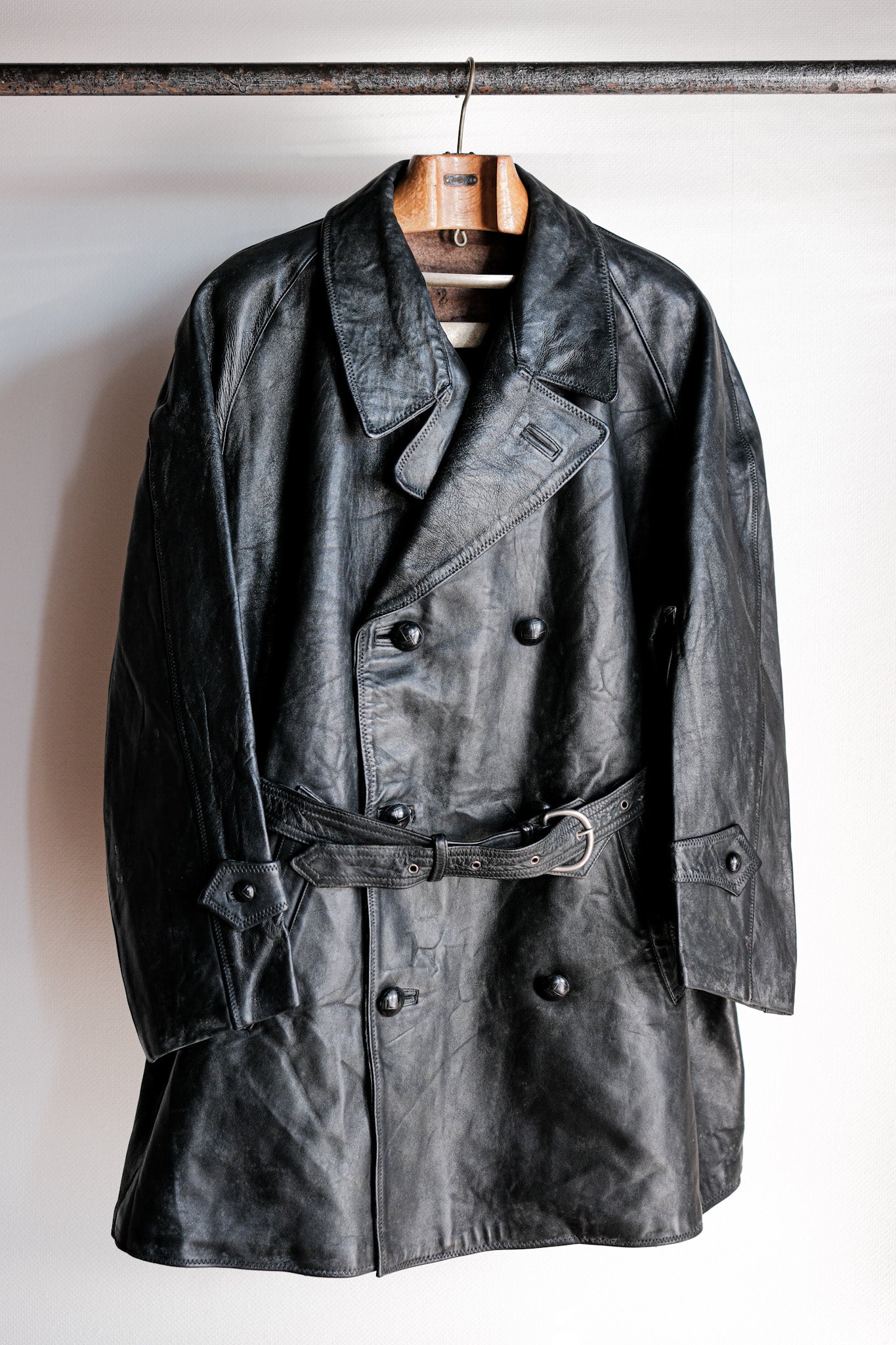 [~ 50's] Italian Army Police Double Breasted Leather Coat Size.2 "Carabinieri"