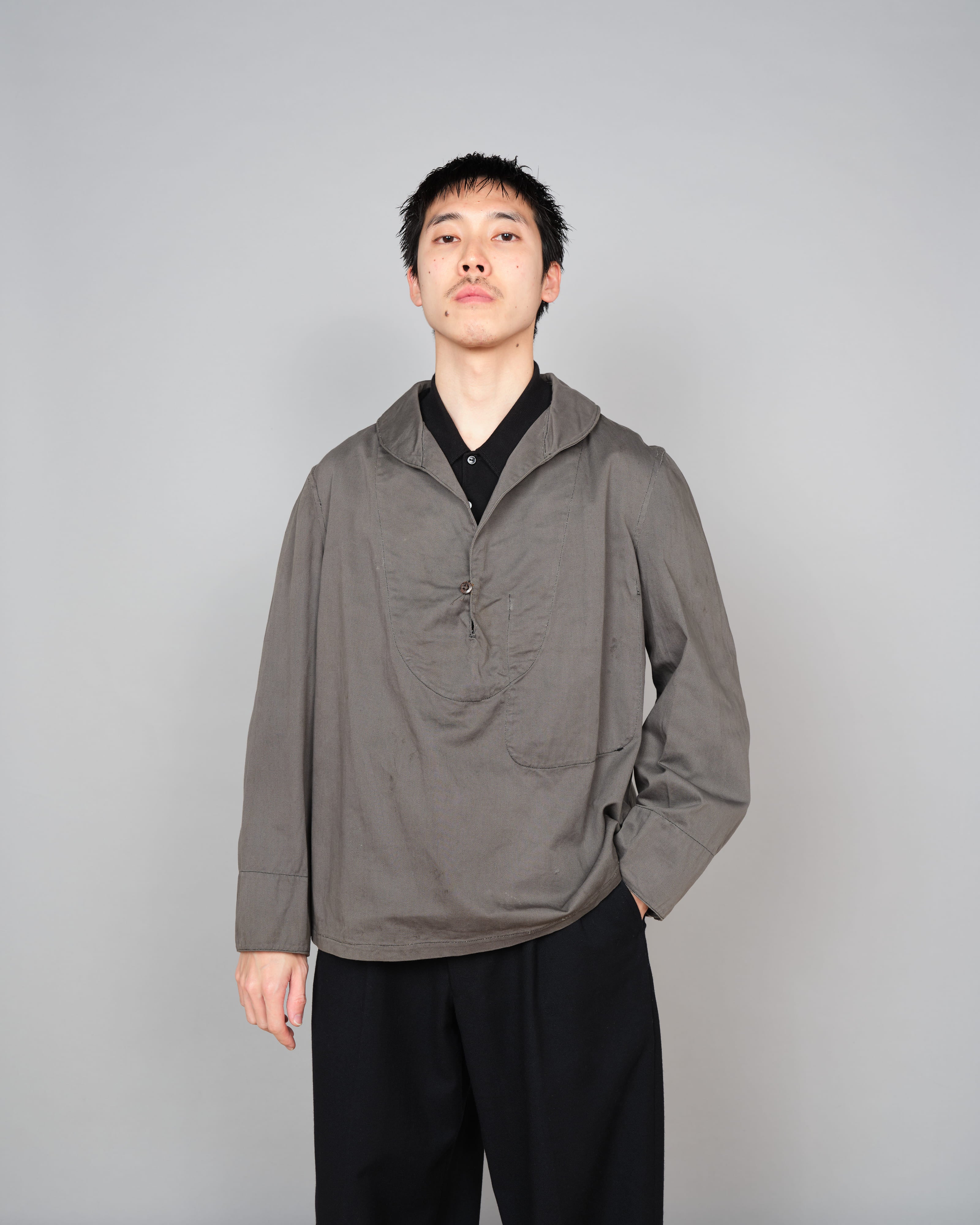 【~30's】French Navy Gray Cotton Twill Sailor Work Smock "Overdyed" "Marine Nationale"