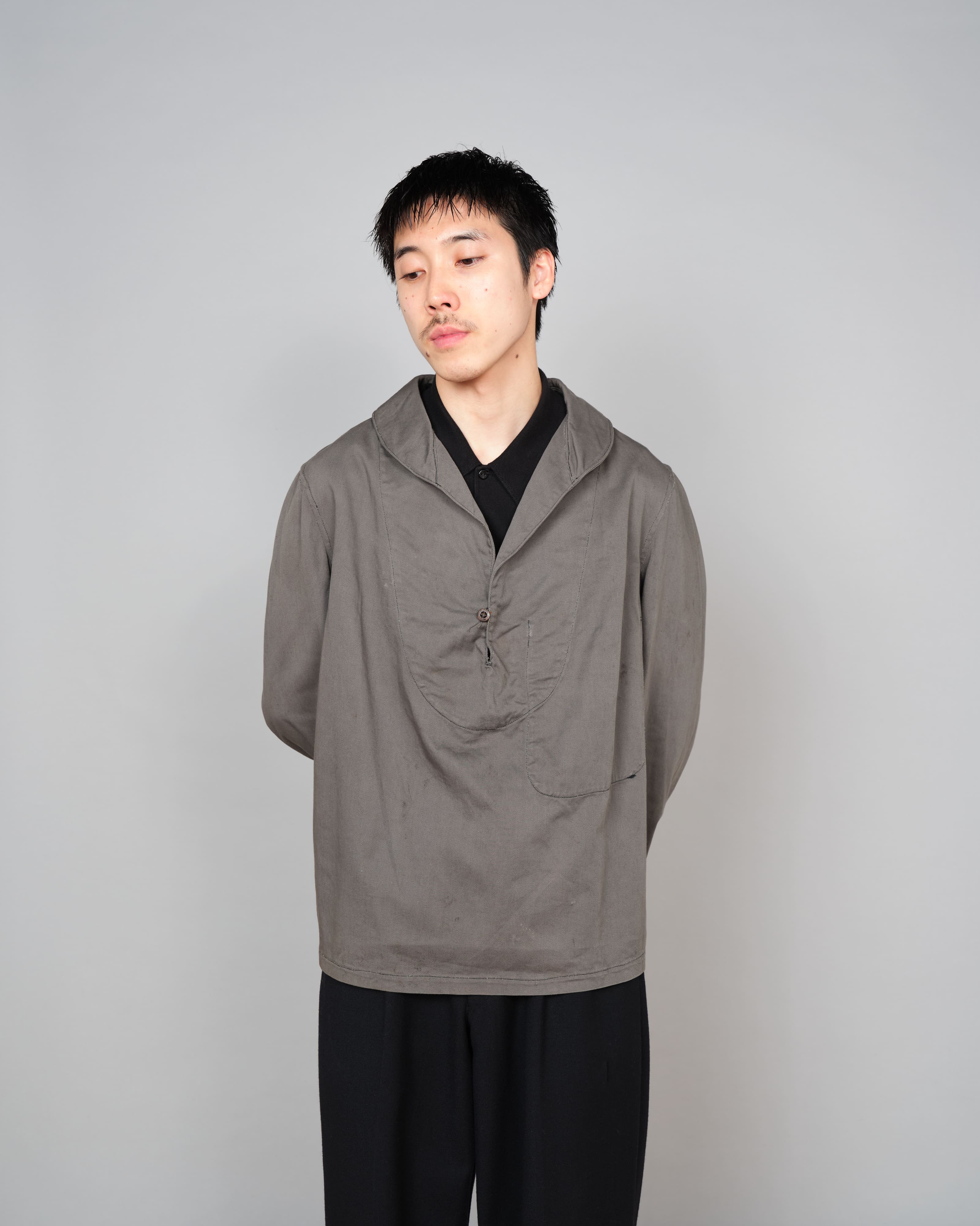 【~30's】French Navy Gray Cotton Twill Sailor Work Smock "Overdyed" "Marine Nationale"