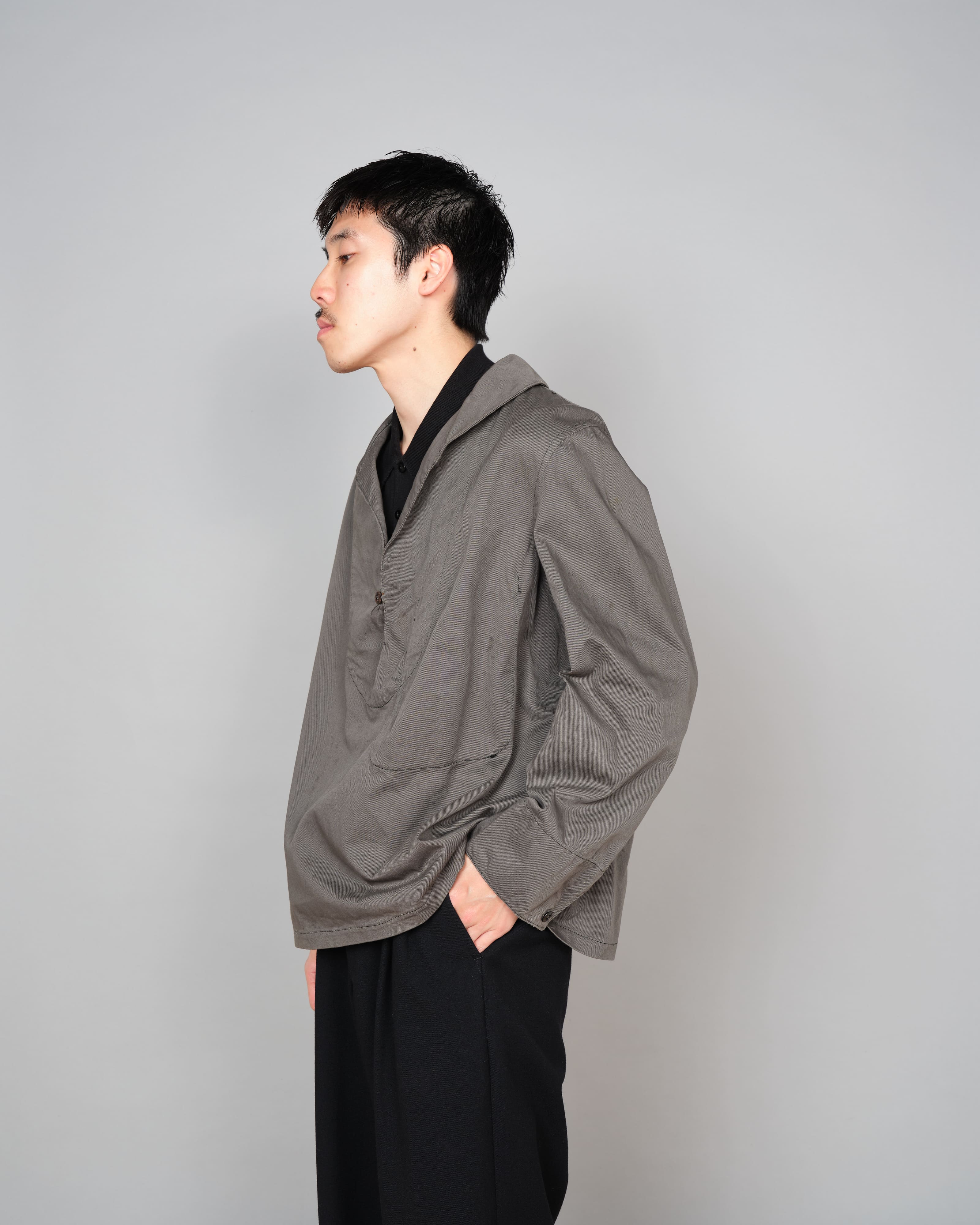 【~30's】French Navy Gray Cotton Twill Sailor Work Smock "Overdyed" "Marine Nationale"