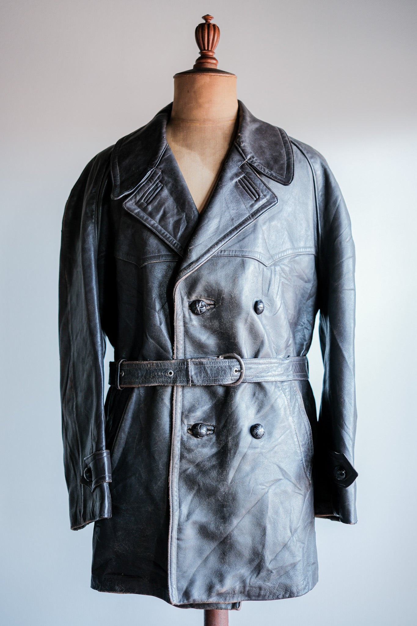 [~ 50's] French Vintage Double Breasted Leather Work Coat Size.54 "Adolphe Lafont"