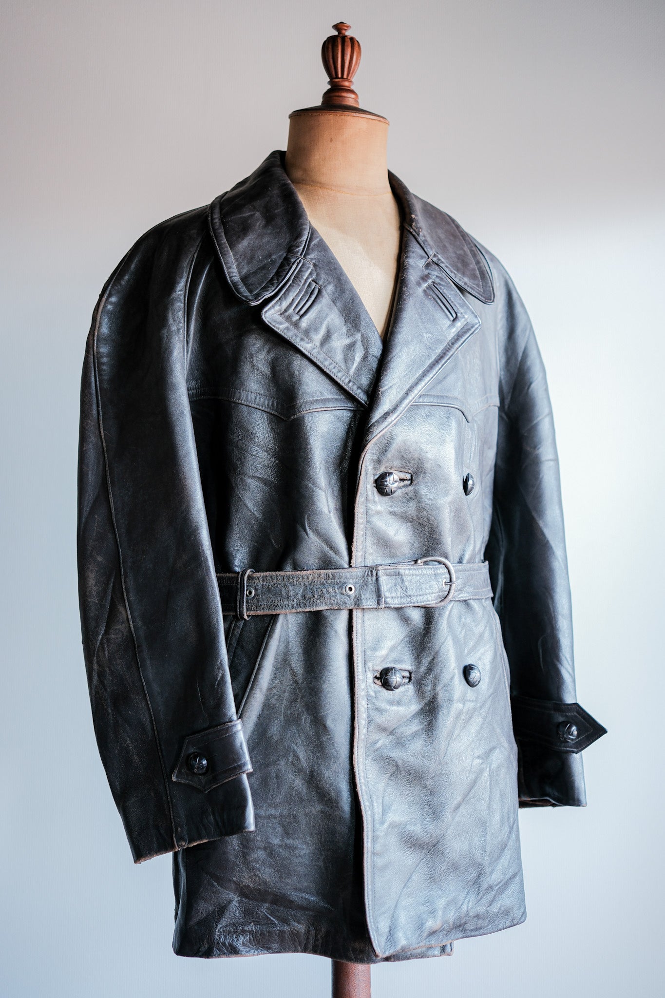 [~ 50's] French Vintage Double Breasted Leather Coat Size.54 "Adolphe Lafont"