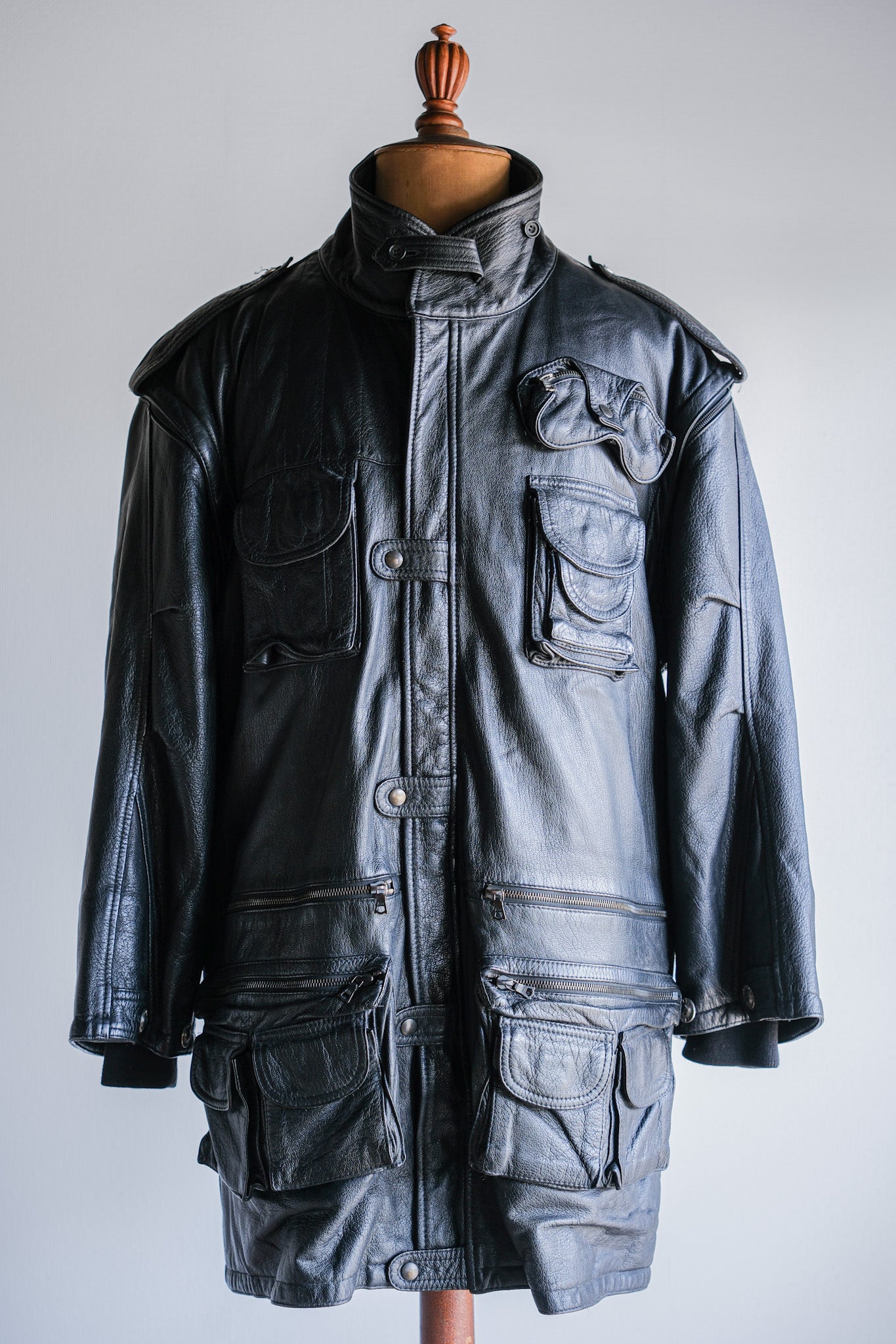 [~ 80's] Old Renoma Paris Black Leather Detachable Sleeve Multi Pocket Jacket with Liner Size.xxl