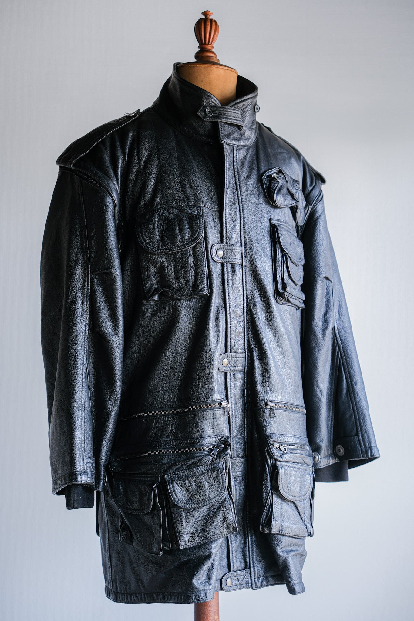 ［~80's］Old Renoma Paris Black Leather Detachable Sleeve Multi Pocket Jacket With Liner Size.XXL