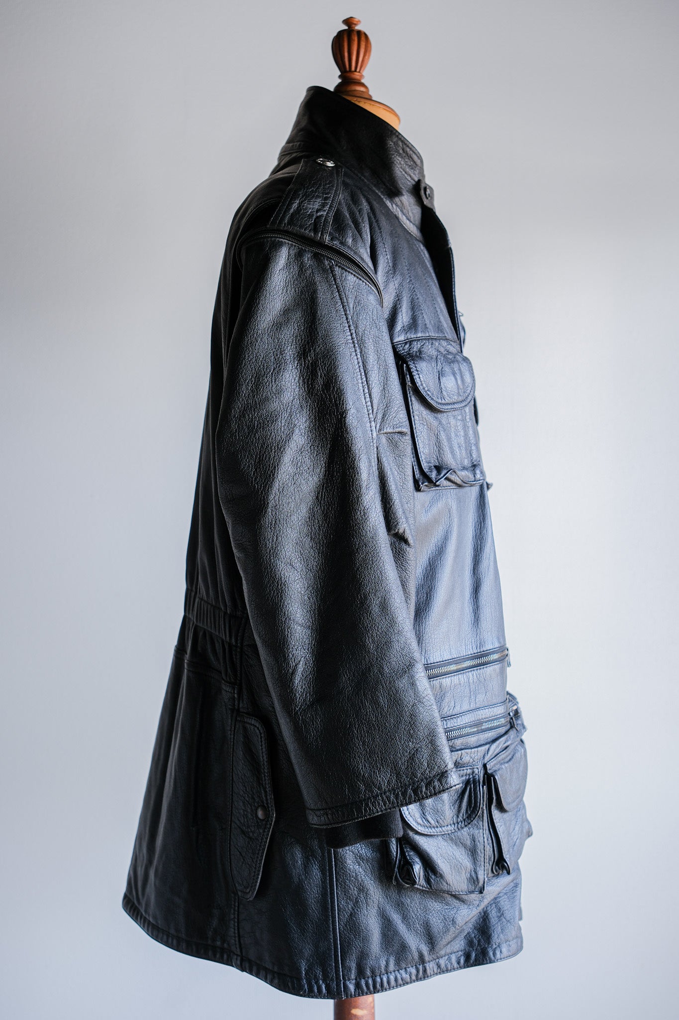 ［~80's］Old Renoma Paris Black Leather Detachable Sleeve Multi Pocket Jacket With Liner Size.XXL