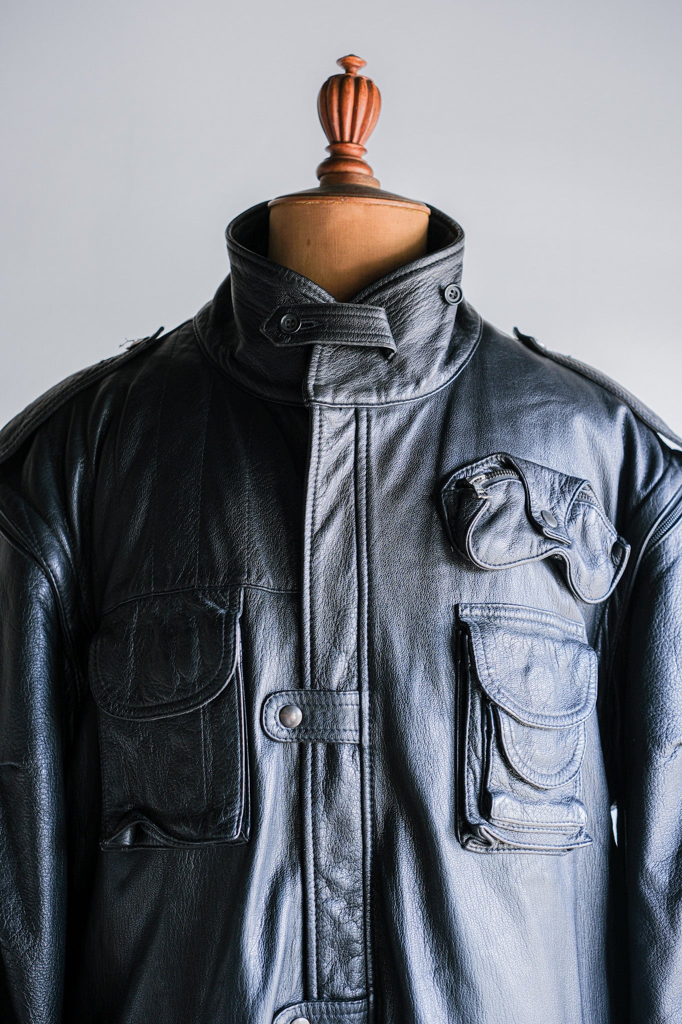 ［~80's］Old Renoma Paris Black Leather Detachable Sleeve Multi Pocket Jacket With Liner Size.XXL