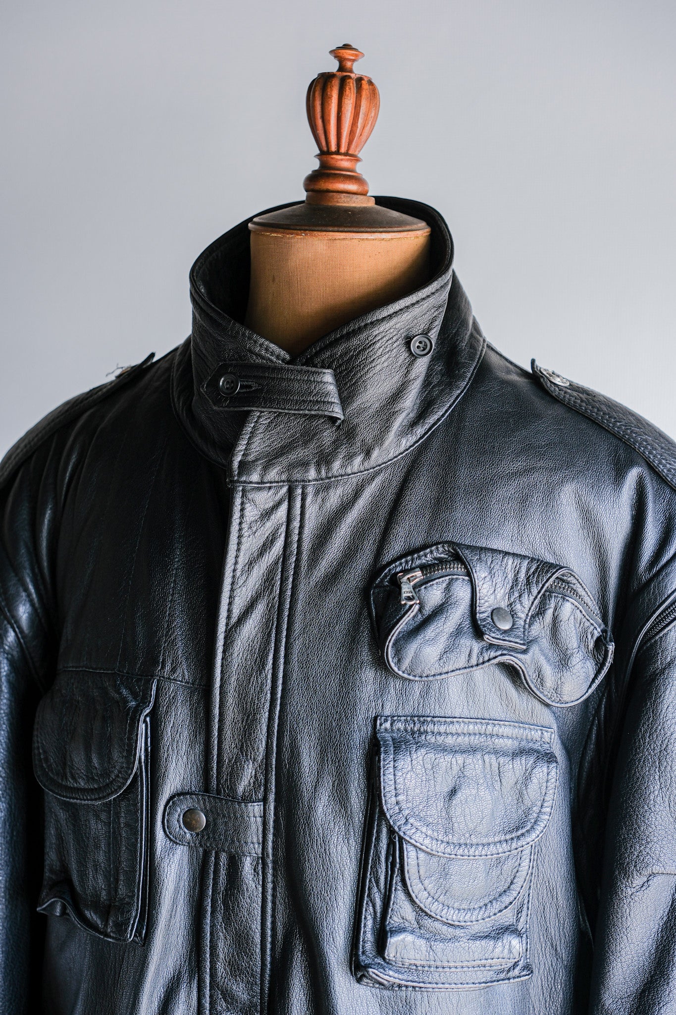 ［~80's］Old Renoma Paris Black Leather Detachable Sleeve Multi Pocket Jacket With Liner Size.XXL